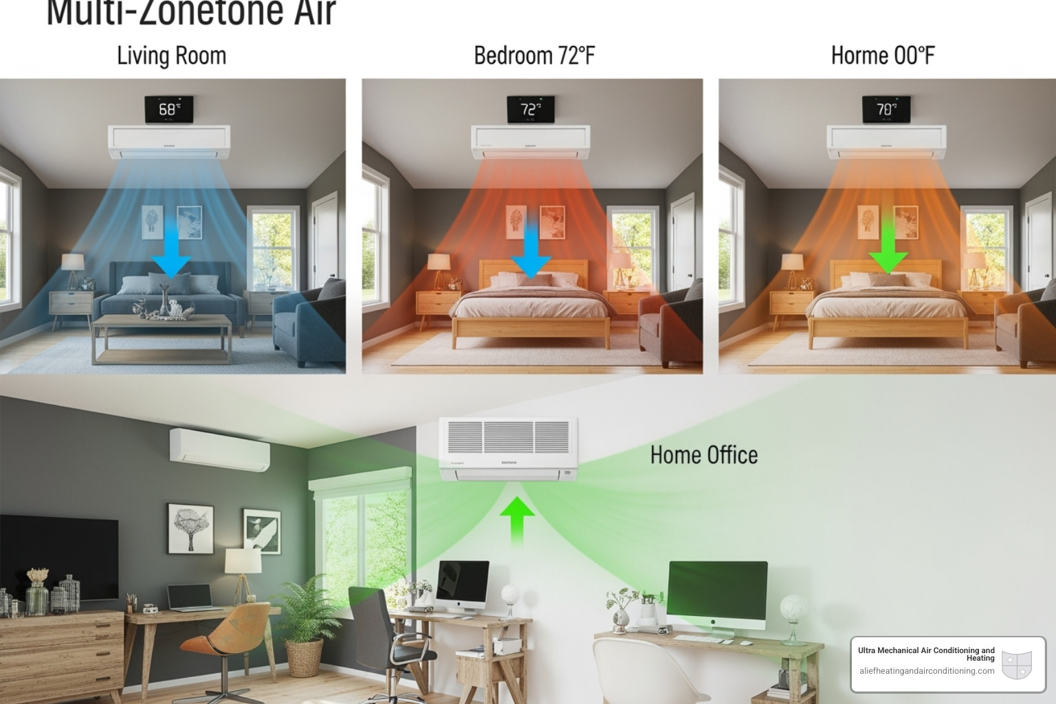 multi-zone mini-split system with arrows showing different temperatures in different rooms - split heater service houston multi-zone mini-split system with arrows showing different temperatures in different rooms - split heater service houston