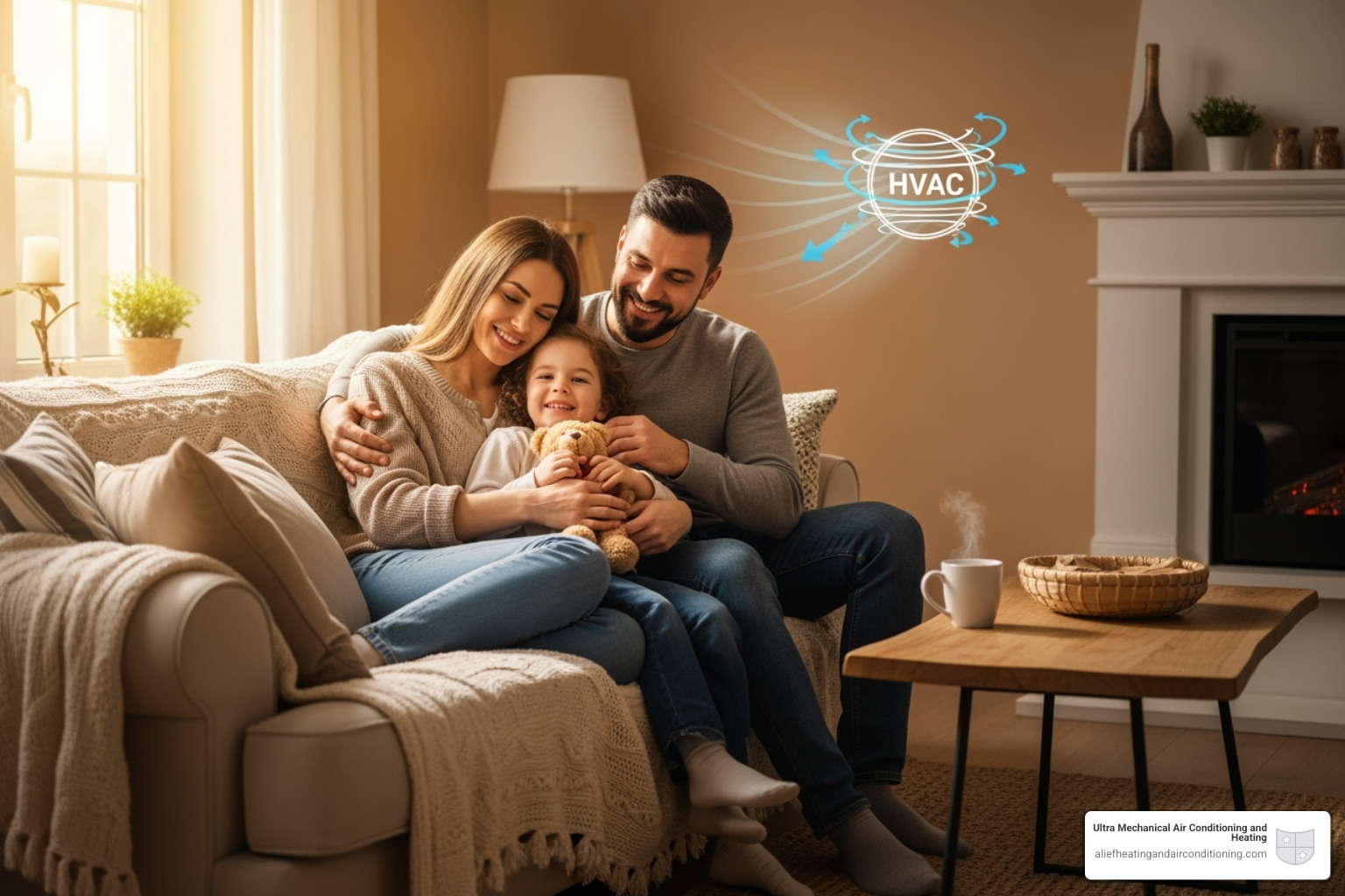 A family enjoying a warm and comfortable home, with a subtle graphic representing efficient HVAC - heater replacement houston