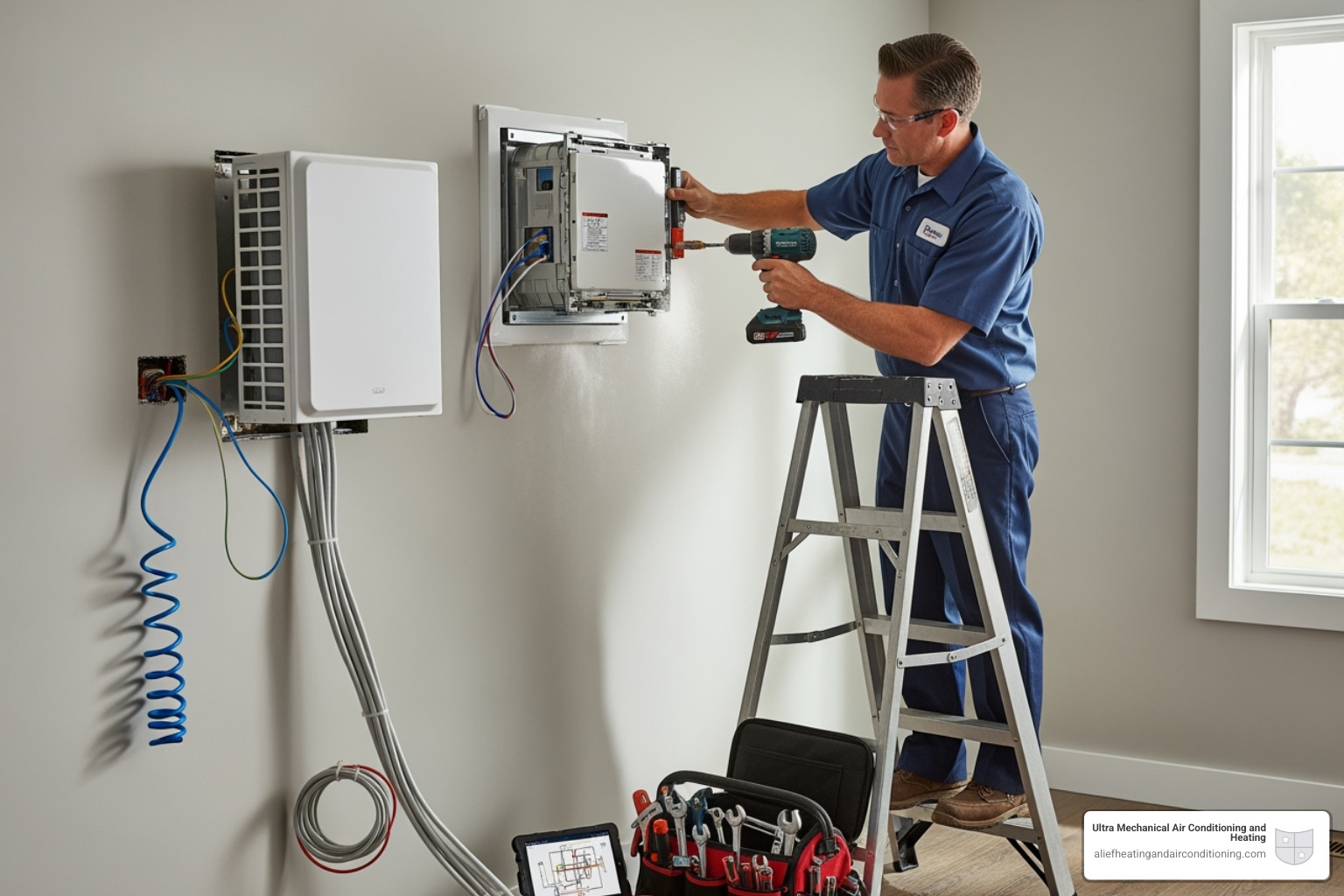 Technician professionally installing an indoor ductless unit - install ductless system houston