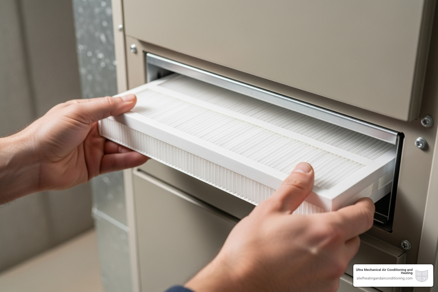 homeowner easily sliding a new, clean filter into a furnace - heating maintenance houston homeowner easily sliding a new, clean filter into a furnace - heating maintenance houston