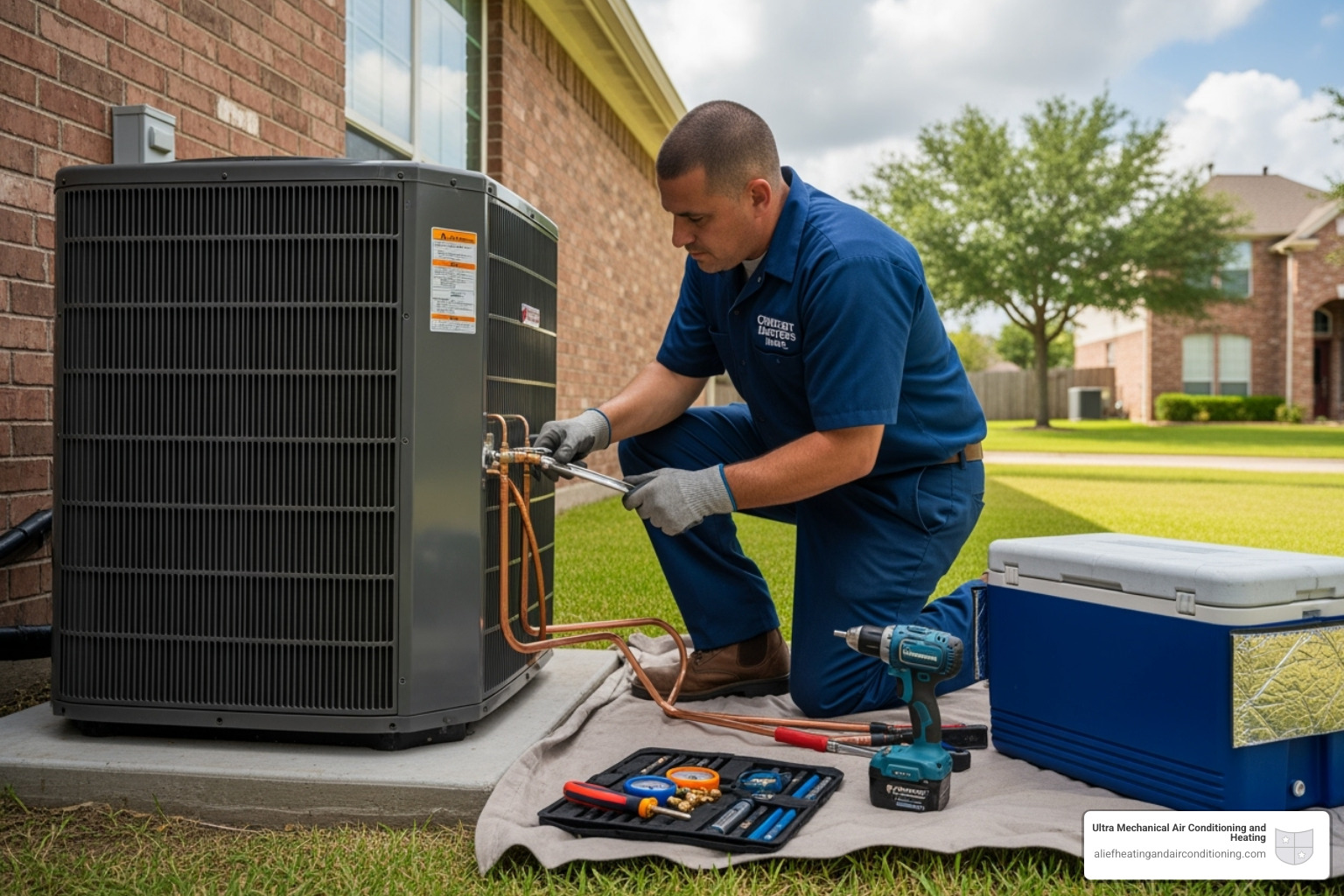 professional technician carefully installing an outdoor condenser unit - install high efficiency ac houston
