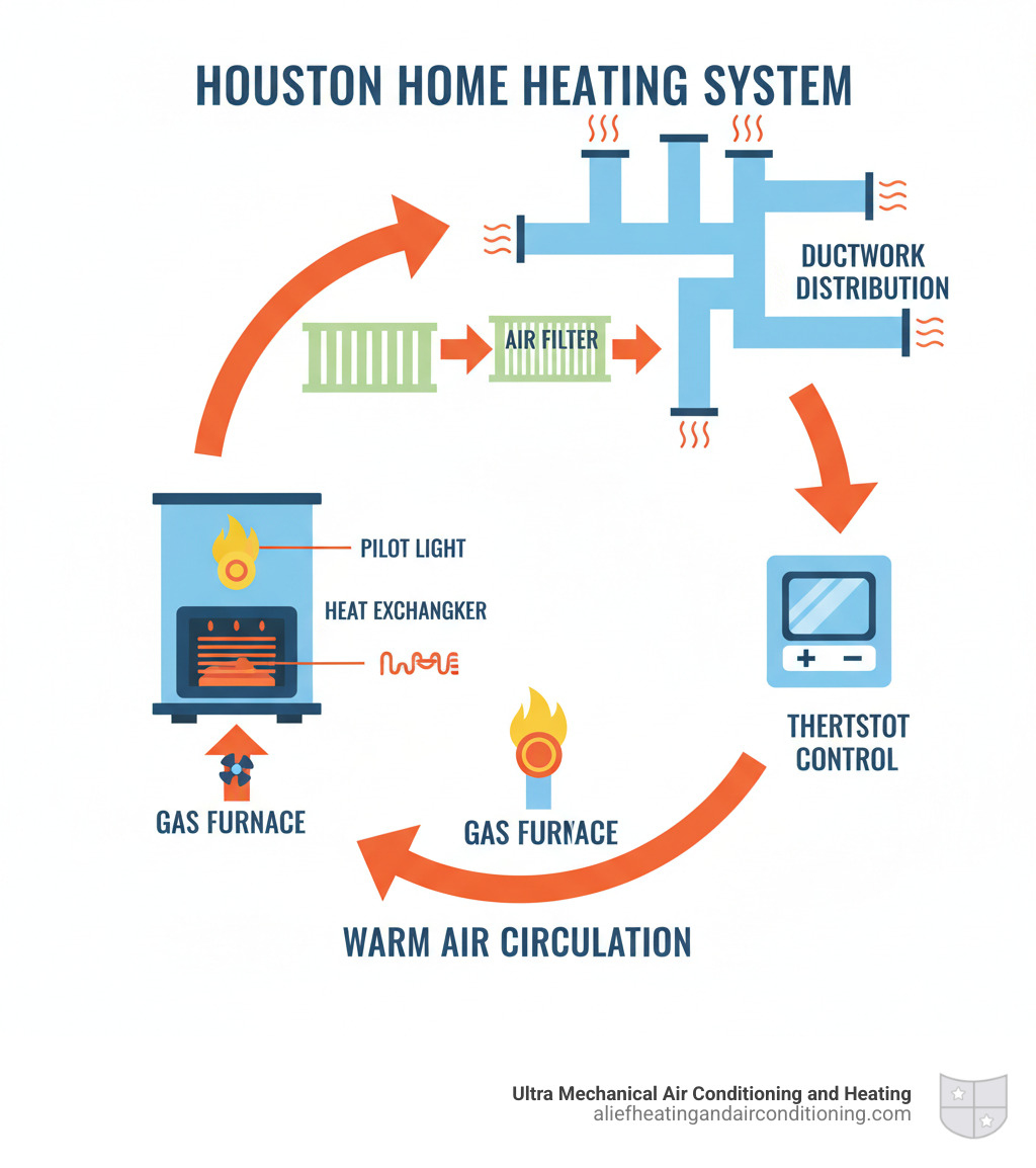 Infographic showing the main components of a Houston home heating system including gas furnace, thermostat control, ductwork distribution, air filter, pilot light, and heat exchanger with arrows showing airflow and operation - heater repair houston infographic 