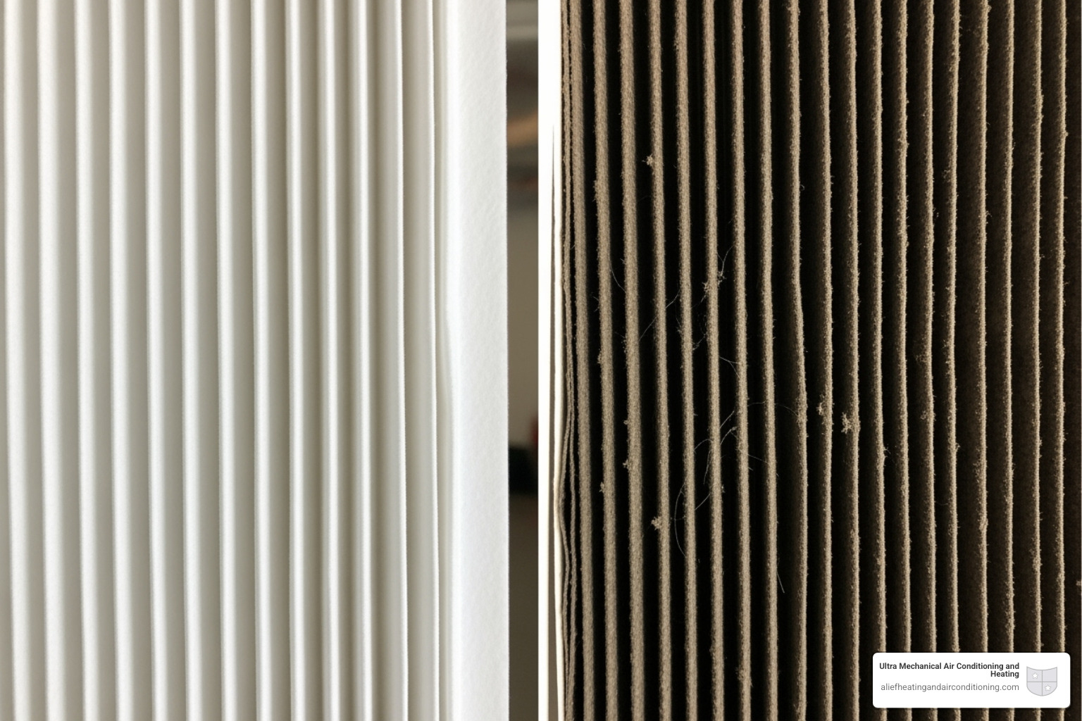 A side-by-side comparison of a clean HVAC air filter and a dirty, clogged air filter - heater repair houston