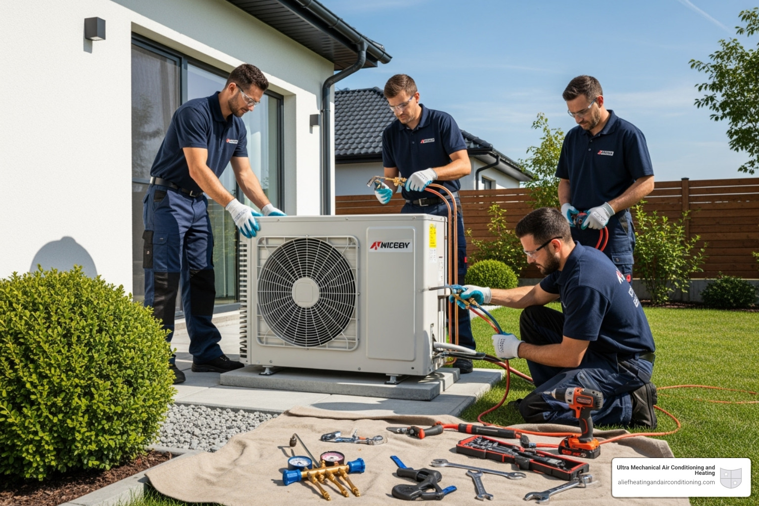 A professional HVAC team carefully installing a new outdoor condenser unit, showcasing precision and teamwork - whole home hvac replacement houston