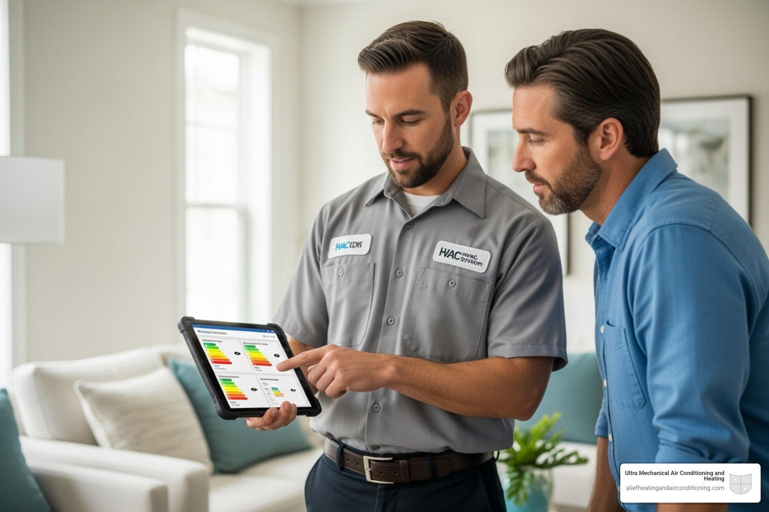 A technician uses a tablet to show a homeowner different HVAC system options and energy efficiency ratings, emphasizing personalized choices for their home - whole home hvac replacement houston