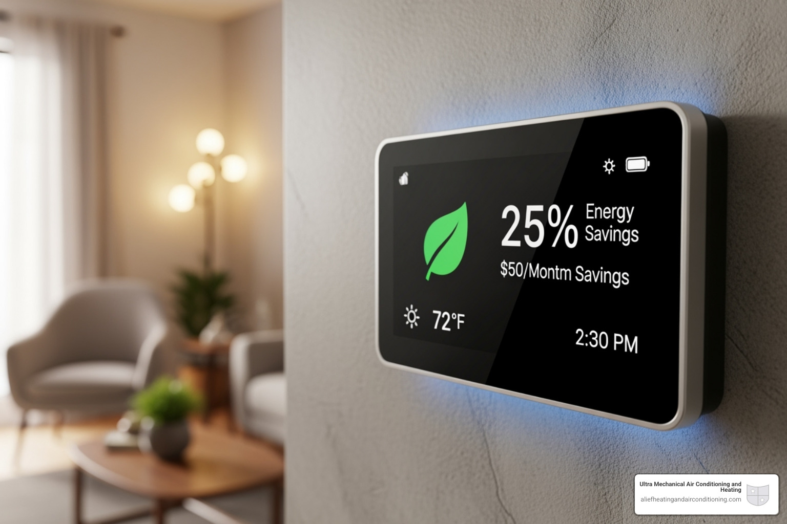 A smart thermostat displays energy savings, highlighting the environmental and financial benefits of a new HVAC system - whole home hvac replacement houston