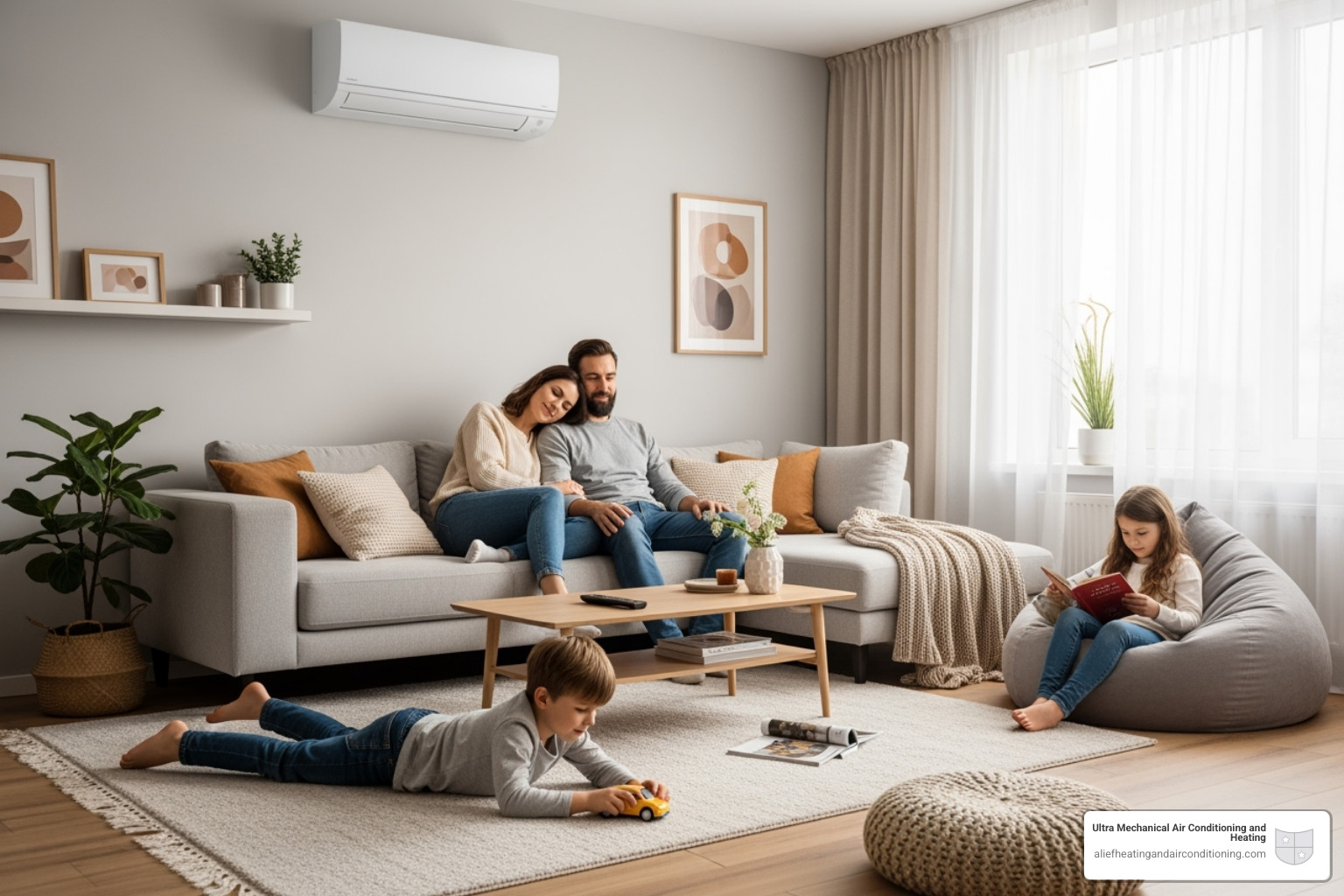 A family relaxing comfortably in a living room with a wall-mounted mini-split unit - multi zone mini split houston A family relaxing comfortably in a living room with a wall-mounted mini-split unit - multi zone mini split houston