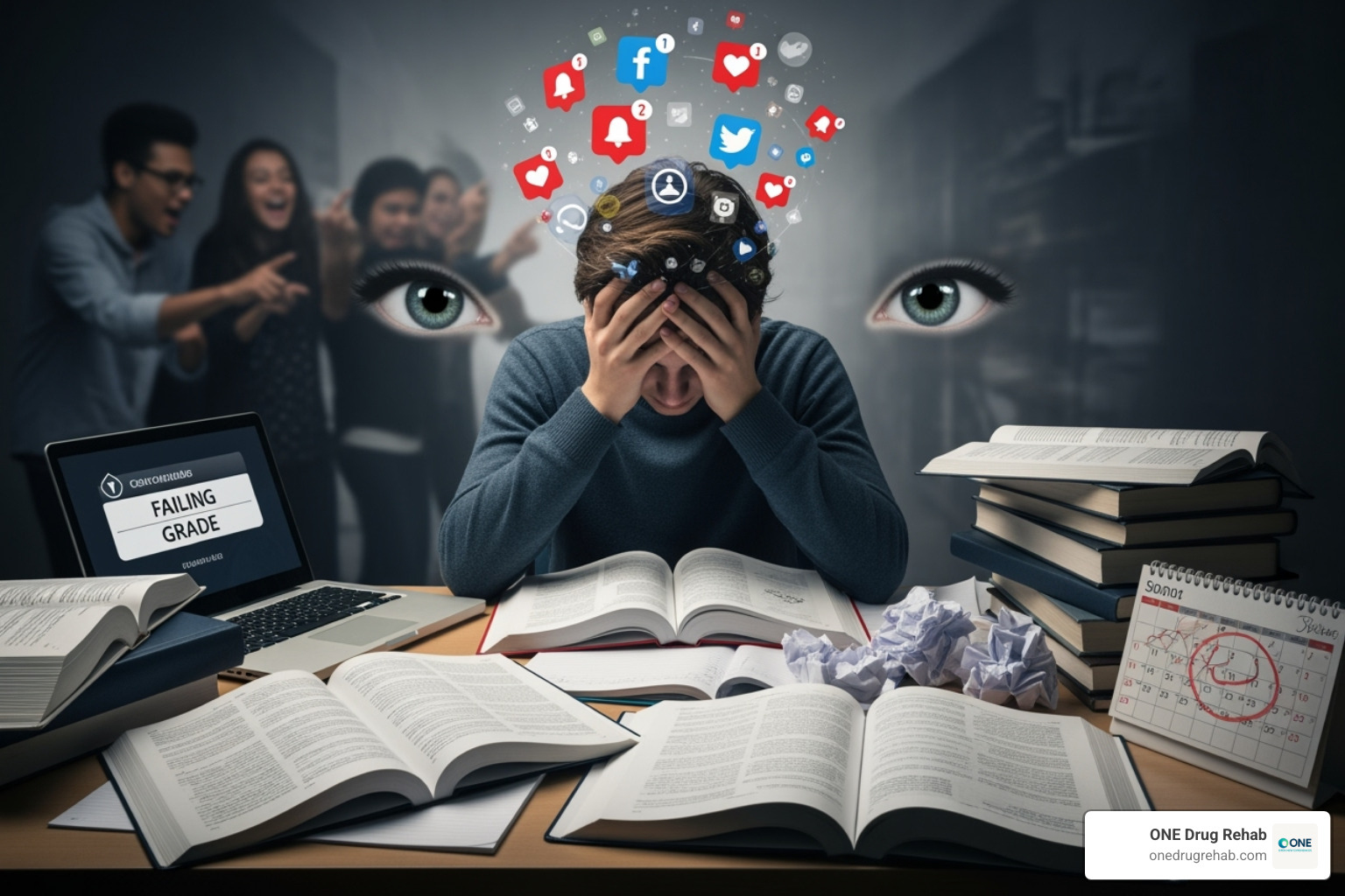 A stressed teenager surrounded by symbols of peer pressure and schoolwork - addiction help for teens