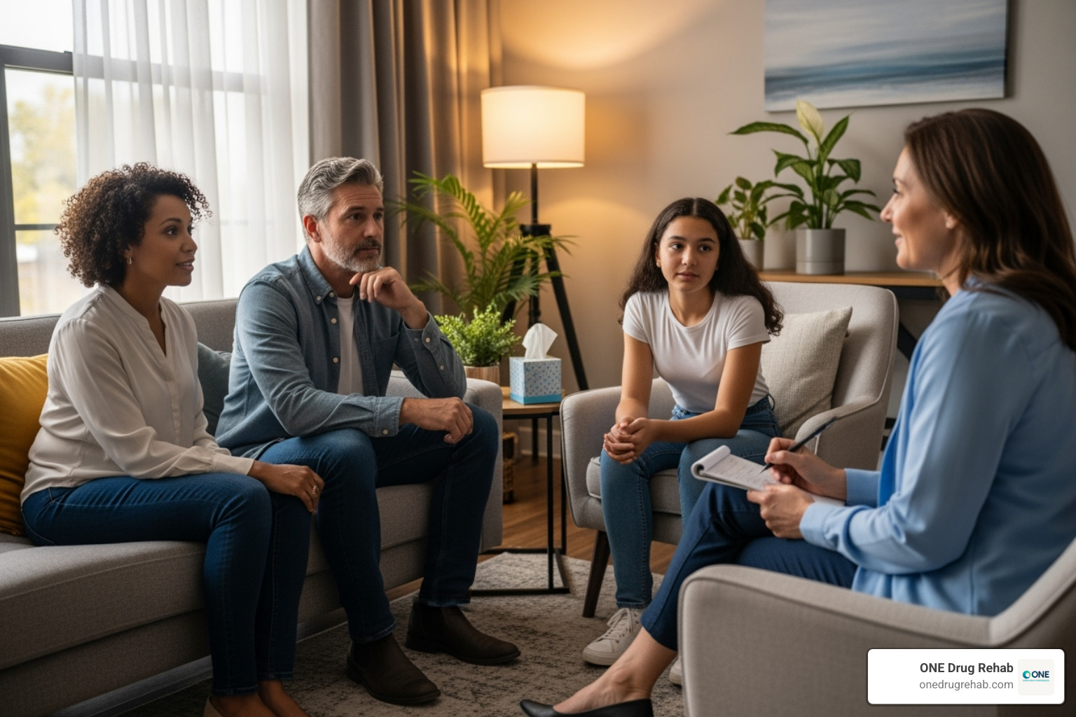 A family participating in a group therapy session - addiction help for teens