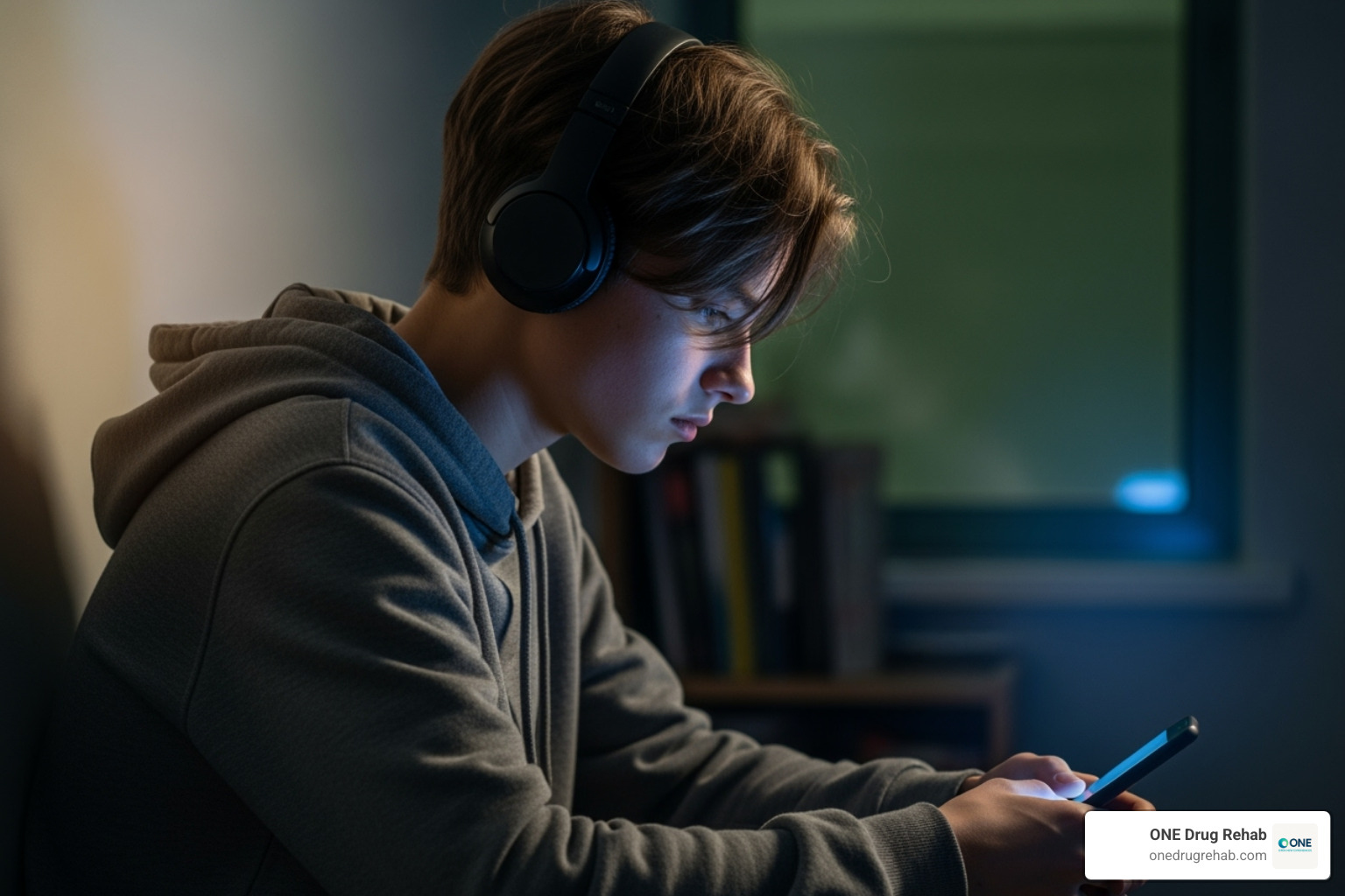 A teenager looking withdrawn or isolated, sitting alone with headphones - addiction help for teens