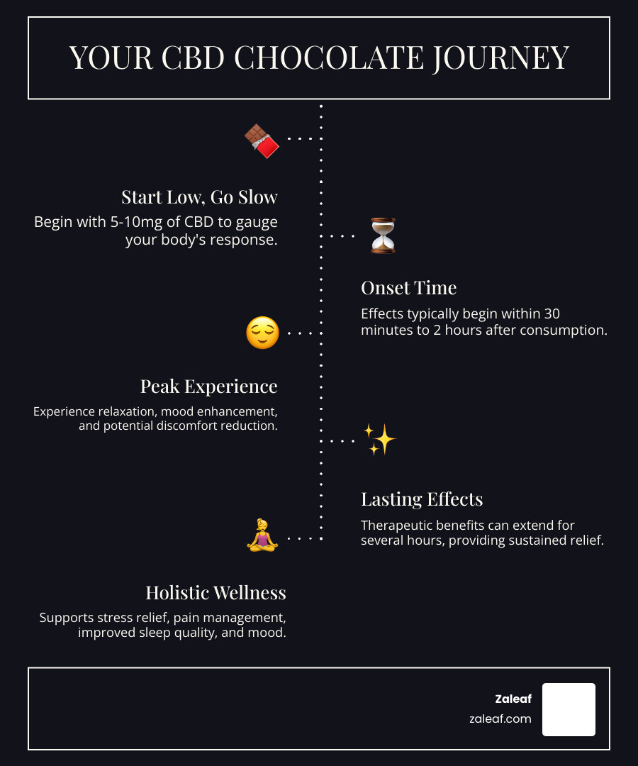 Detailed infographic showing CBD chocolate effects timeline from consumption to peak effects, including onset time of 30 minutes to 2 hours, duration of several hours, and primary benefits like stress relief, pain management, improved sleep, and mood improvement, with dosage recommendations starting at 5-10mg - CBD chocolate effects infographic infographic-line-5-steps-dark