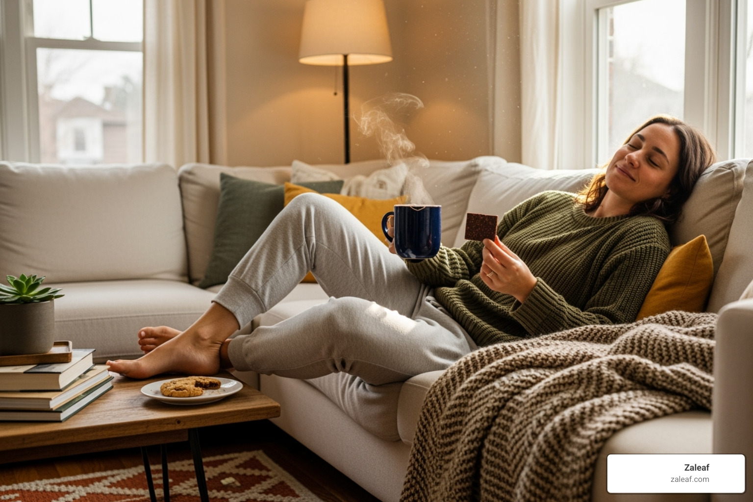 A person relaxing on a couch with a cup of tea and a piece of Zaleaf CBD chocolate - CBD chocolate effects