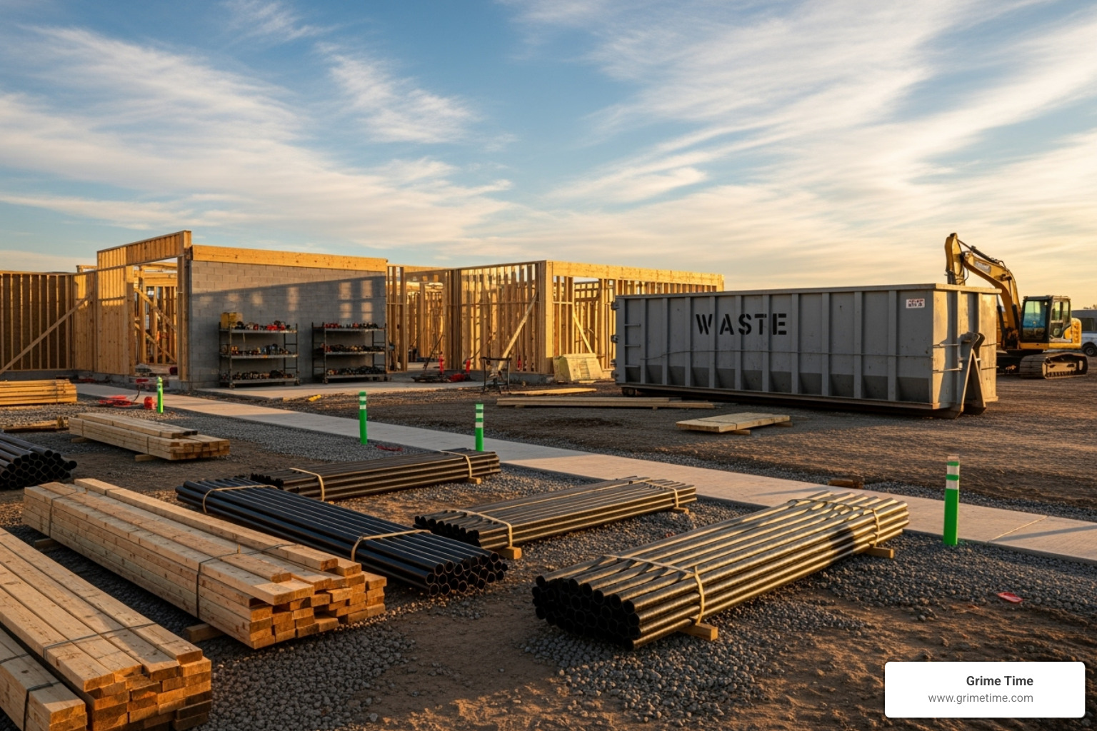 A clean and organized construction site with a dumpster in the background - elgin dumpster rental