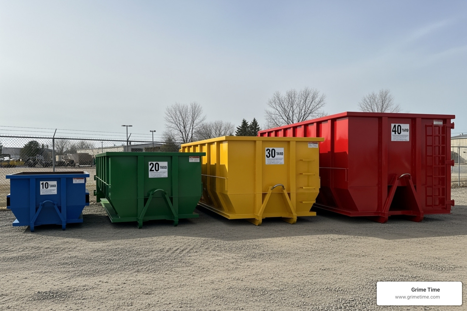 Different sized dumpsters (10, 20, 30, 40 yard) lined up for comparison - elgin dumpster rental
