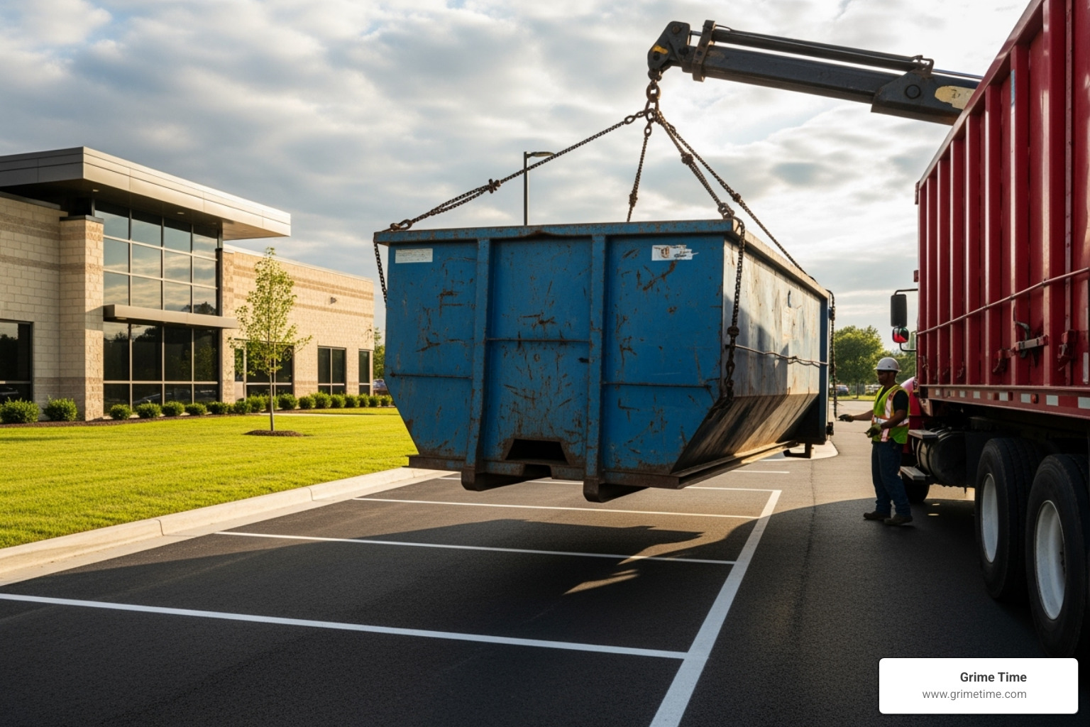 A dumpster being carefully placed on a commercial property - elgin dumpster rental