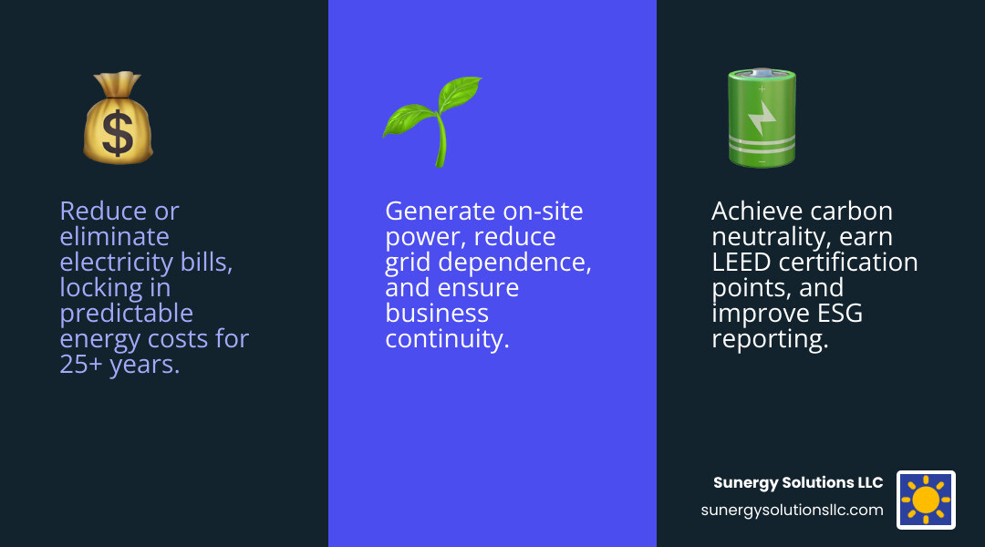 Commercial solar benefits infographic showing three main advantages: reduced operating costs with dollar sign and downward arrow, improved brand image with green leaf and thumbs up icon, and energy independence with solar panel and battery symbols - commercial solar solutions infographic 3_facts_emoji_blue Commercial solar benefits infographic showing three main advantages: reduced operating costs with dollar sign and downward arrow, improved brand image with green leaf and thumbs up icon, and energy independence with solar panel and battery symbols - commercial solar solutions infographic 3_facts_emoji_blue