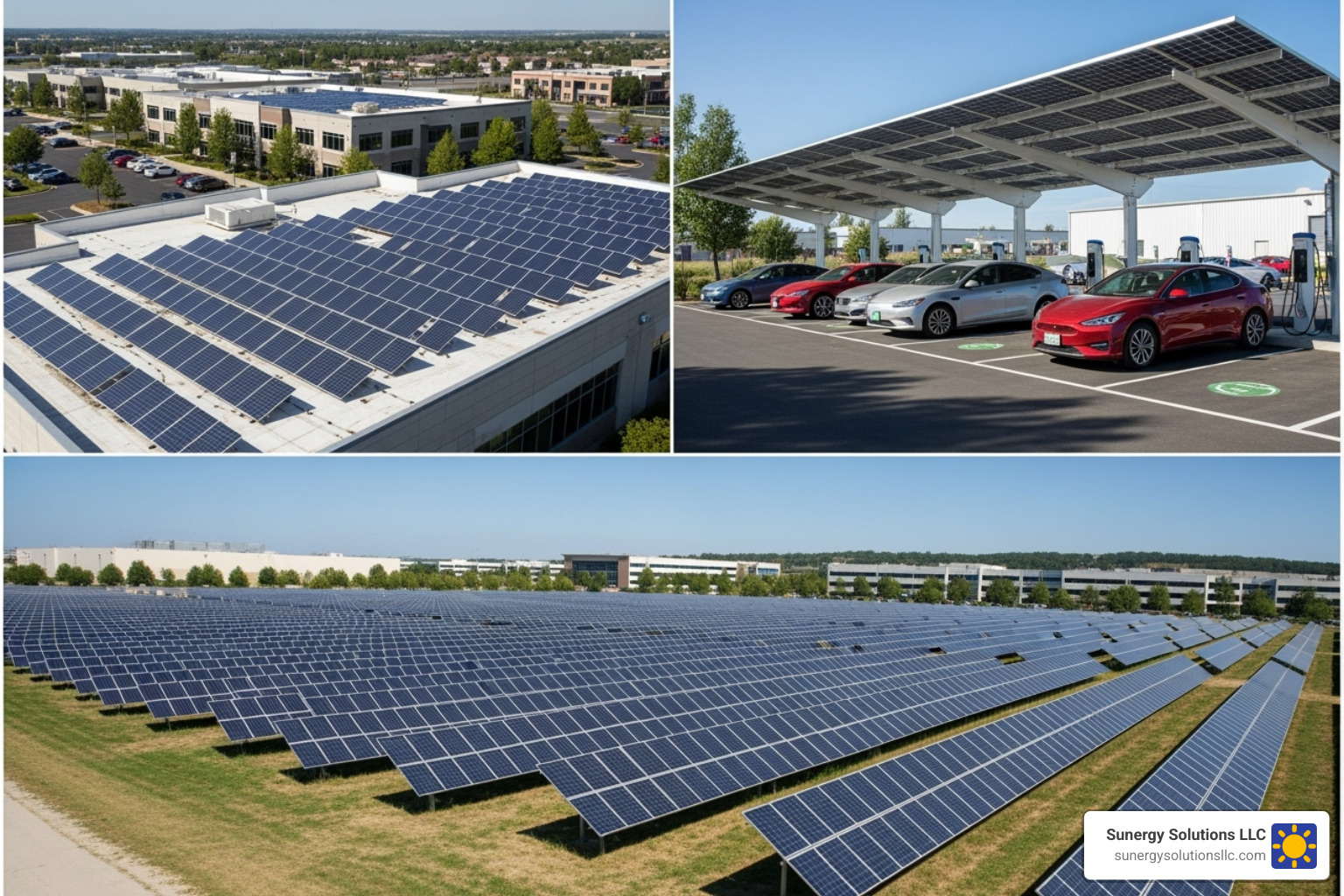 collage showing a rooftop system, a solar carport with EV chargers, and a ground-mounted array (all US businesses) - commercial solar solutions collage showing a rooftop system, a solar carport with EV chargers, and a ground-mounted array (all US businesses) - commercial solar solutions