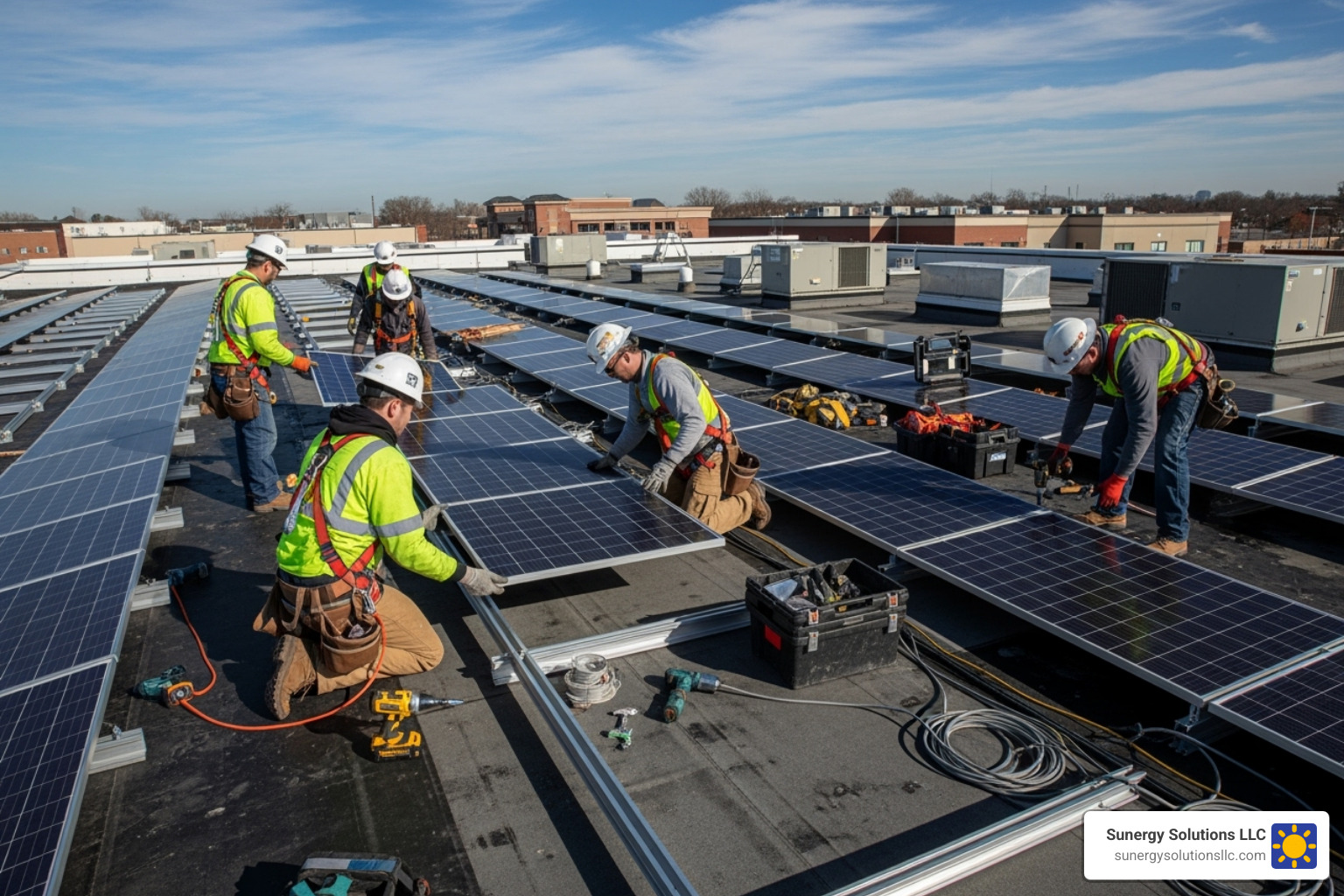 solar installers working on a commercial roof in the US - commercial solar solutions solar installers working on a commercial roof in the US - commercial solar solutions