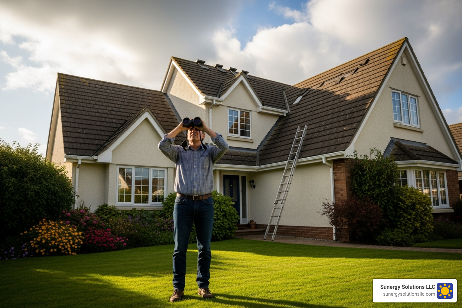 Homeowner on the ground looking at their roof with binoculars - roof home inspection