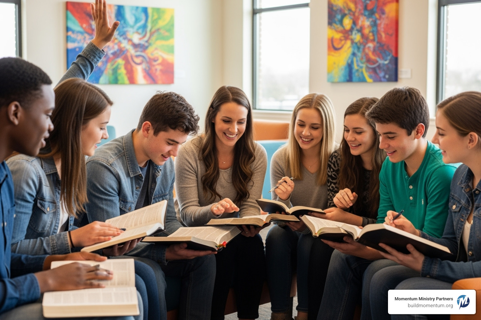 Youth leader sitting with a small group of teens, all looking at their Bibles and talking - Bible studies for teens