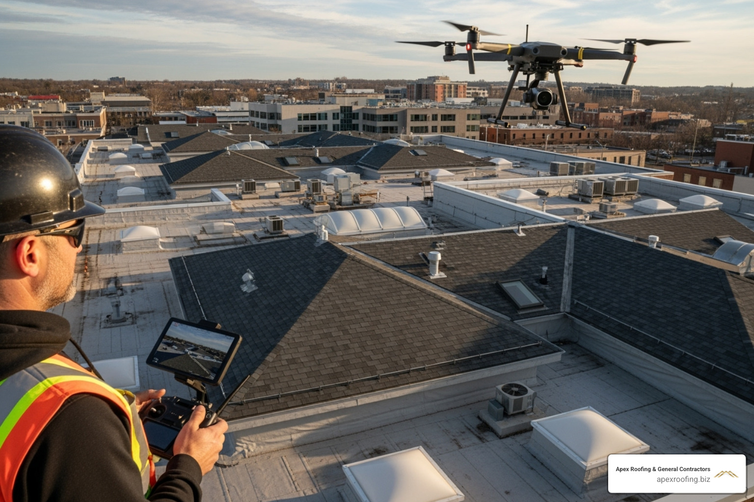 an inspector using a drone to get an aerial view of a complex roof - licensed roof inspectors