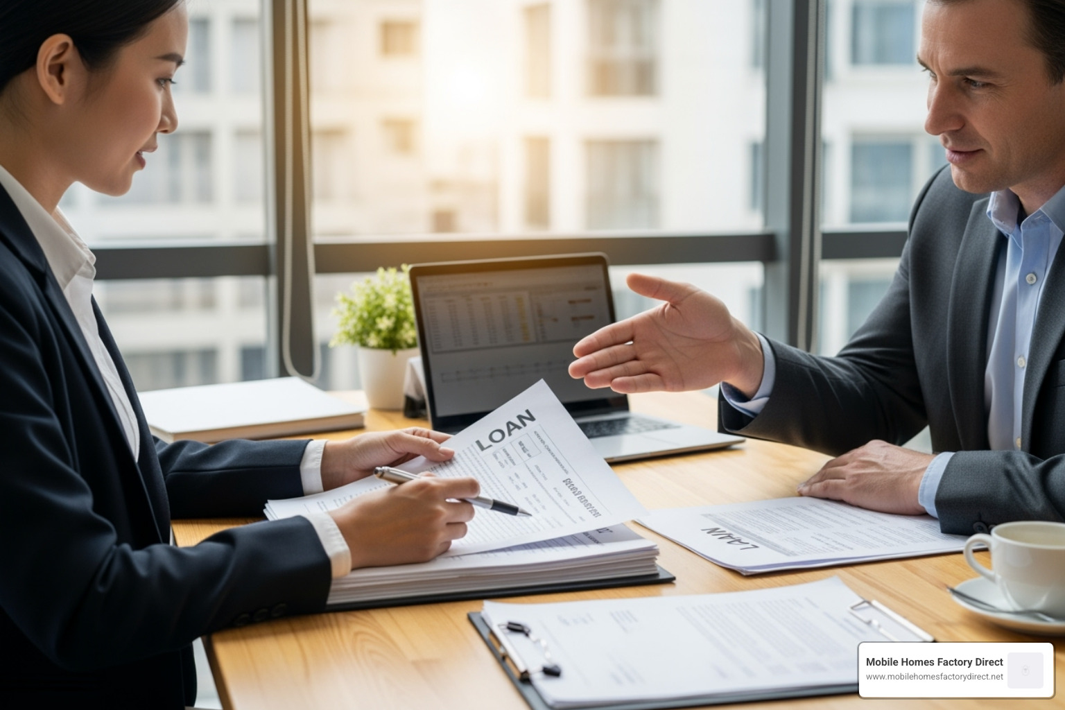 image of a person reviewing loan paperwork with a consultant - mobile home financing Texas image of a person reviewing loan paperwork with a consultant - mobile home financing Texas