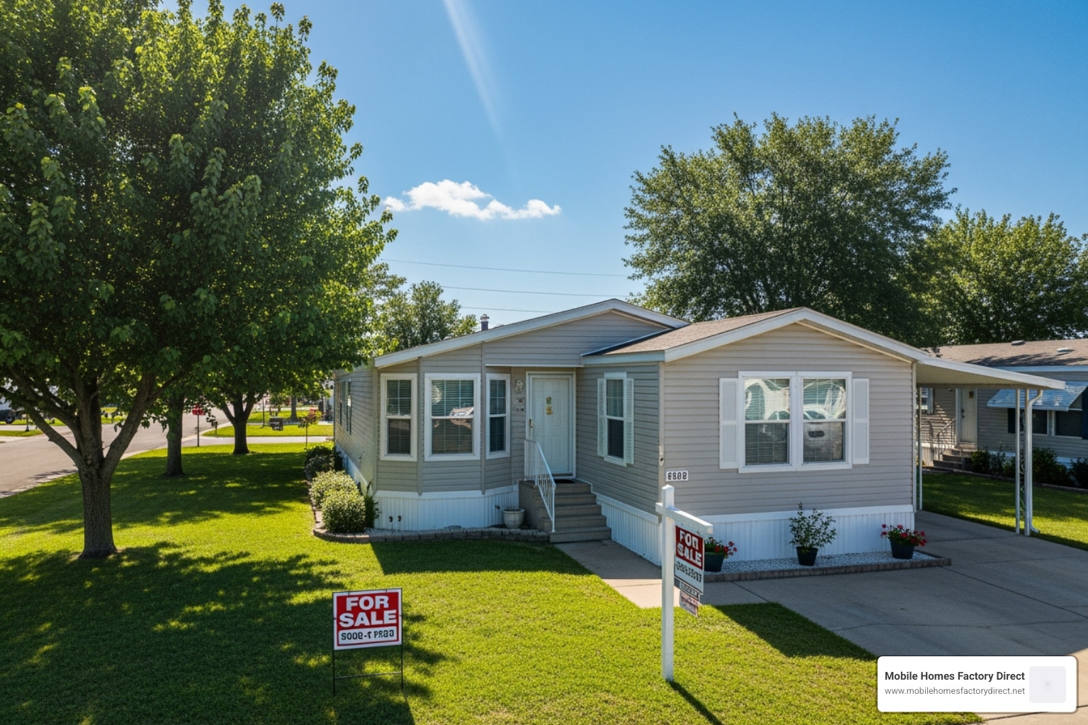 image of a "For Sale" sign on a well-maintained used mobile home - mobile home financing Texas image of a "For Sale" sign on a well-maintained used mobile home - mobile home financing Texas