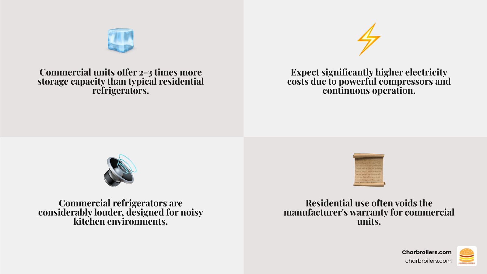 Infographic comparing commercial vs residential refrigerators showing storage capacity differences, energy consumption levels, noise ratings, durability ratings, organizational features, and ideal use cases for each type - commercial refrigerator for home infographic 4_facts_emoji_grey