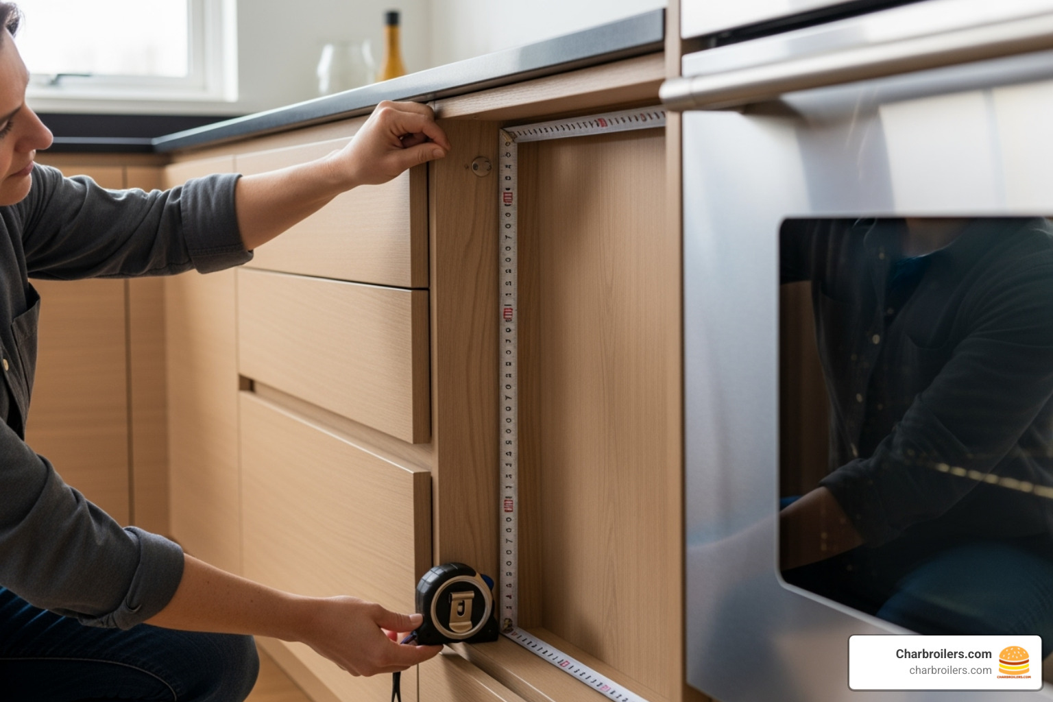 person measuring the space for a new refrigerator, including height and depth - commercial refrigerator for home