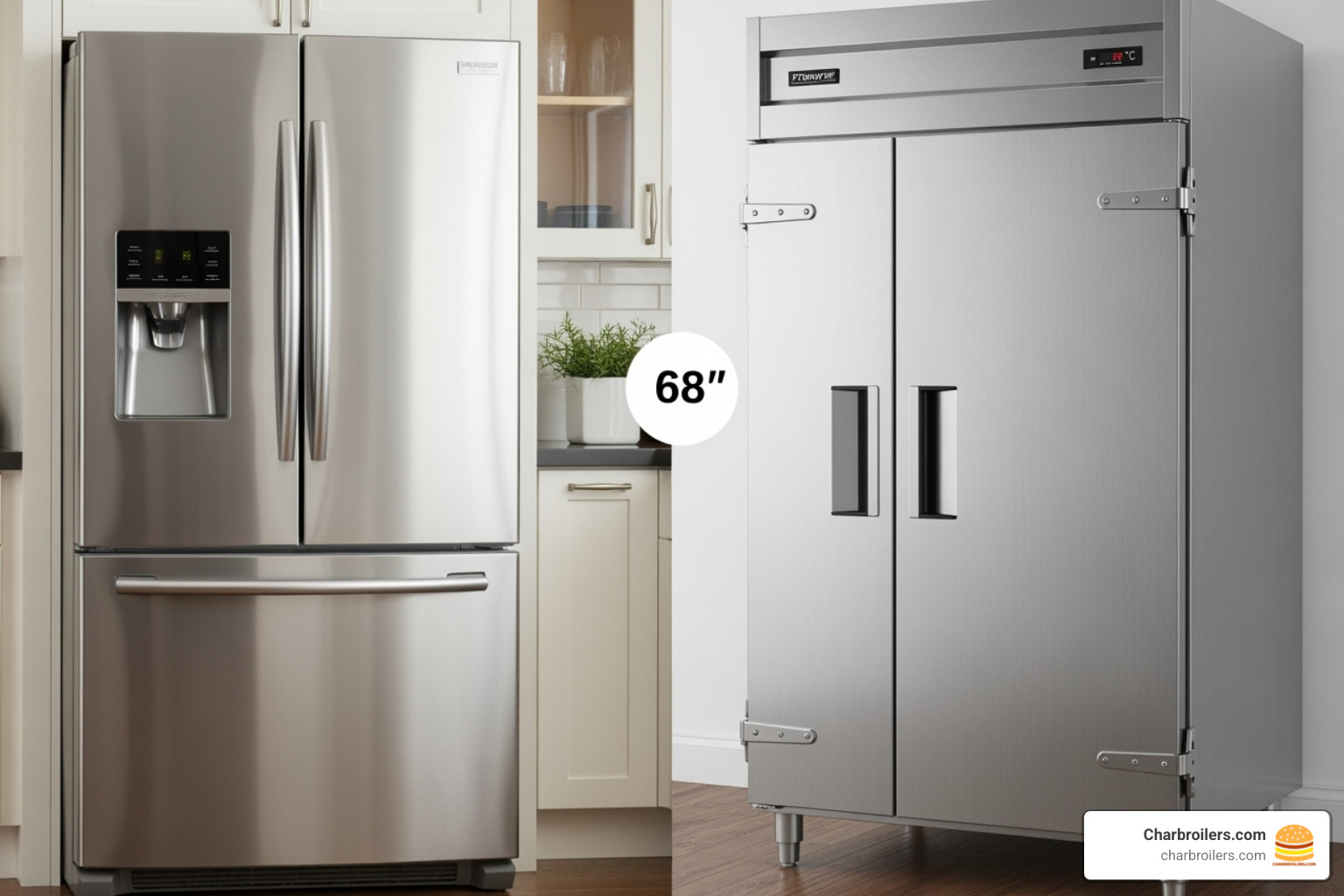 side-by-side visual comparison of a typical residential fridge and a commercial one - commercial refrigerator for home