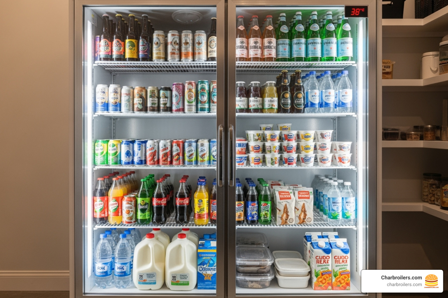 large, well-stocked glass-door commercial refrigerator in a pantry or garage setting - commercial refrigerator for home