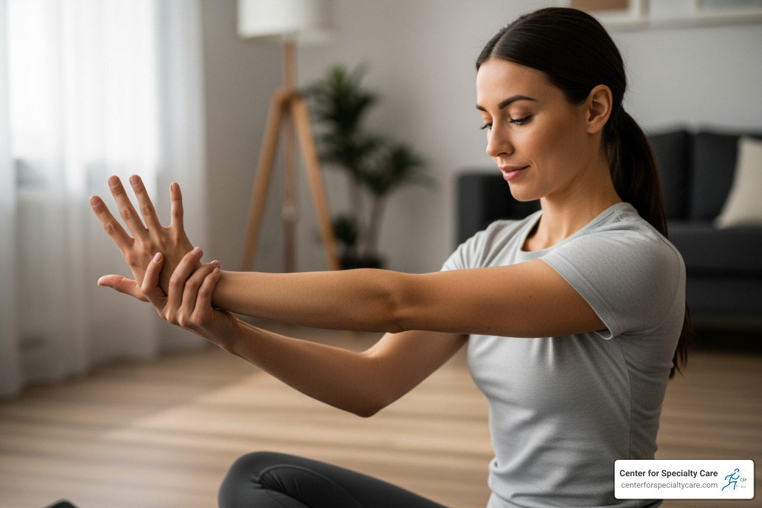 Person doing a gentle wrist stretch - Heating pad for tendonitis