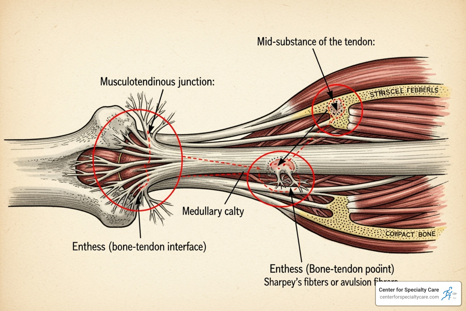 Diagram showing a tendon connecting muscle to bone, highlighting areas prone to injury - Heating pad for tendonitis