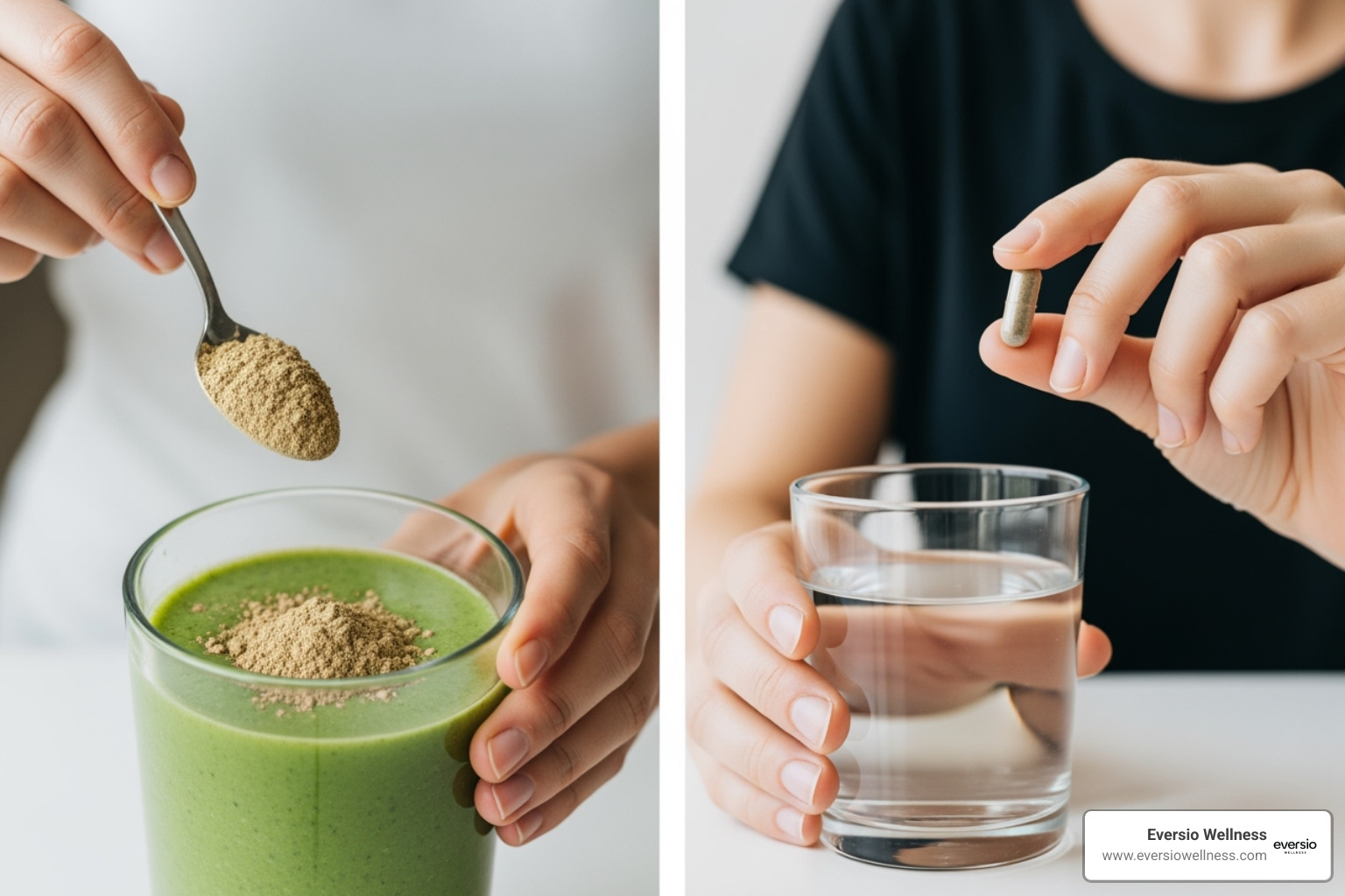 person adding mushroom powder to a smoothie and another person taking a mushroom capsule - Premium Functional Mushrooms