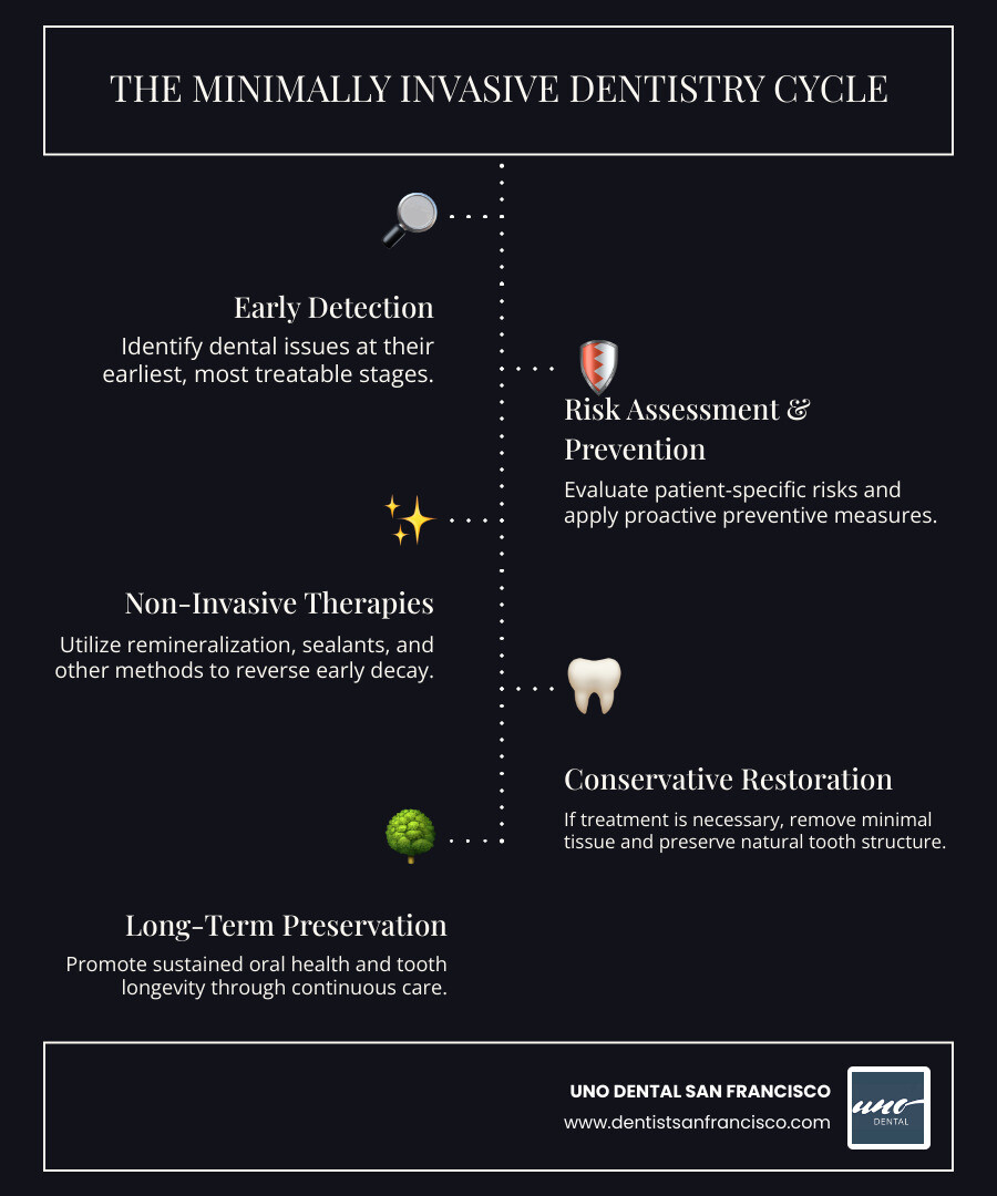 Comprehensive infographic showing the cycle of tooth restoration versus preservation in minimally invasive dentistry, including early detection methods, remineralization therapies, conservative restorative techniques, and long-term tooth survival benefits - Minimally Invasive Dentistry infographic infographic-line-5-steps-dark