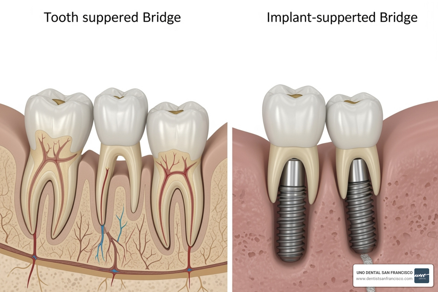 illustrating a tooth-supported bridge vs. an implant-supported bridge - Full mouth bridge cost