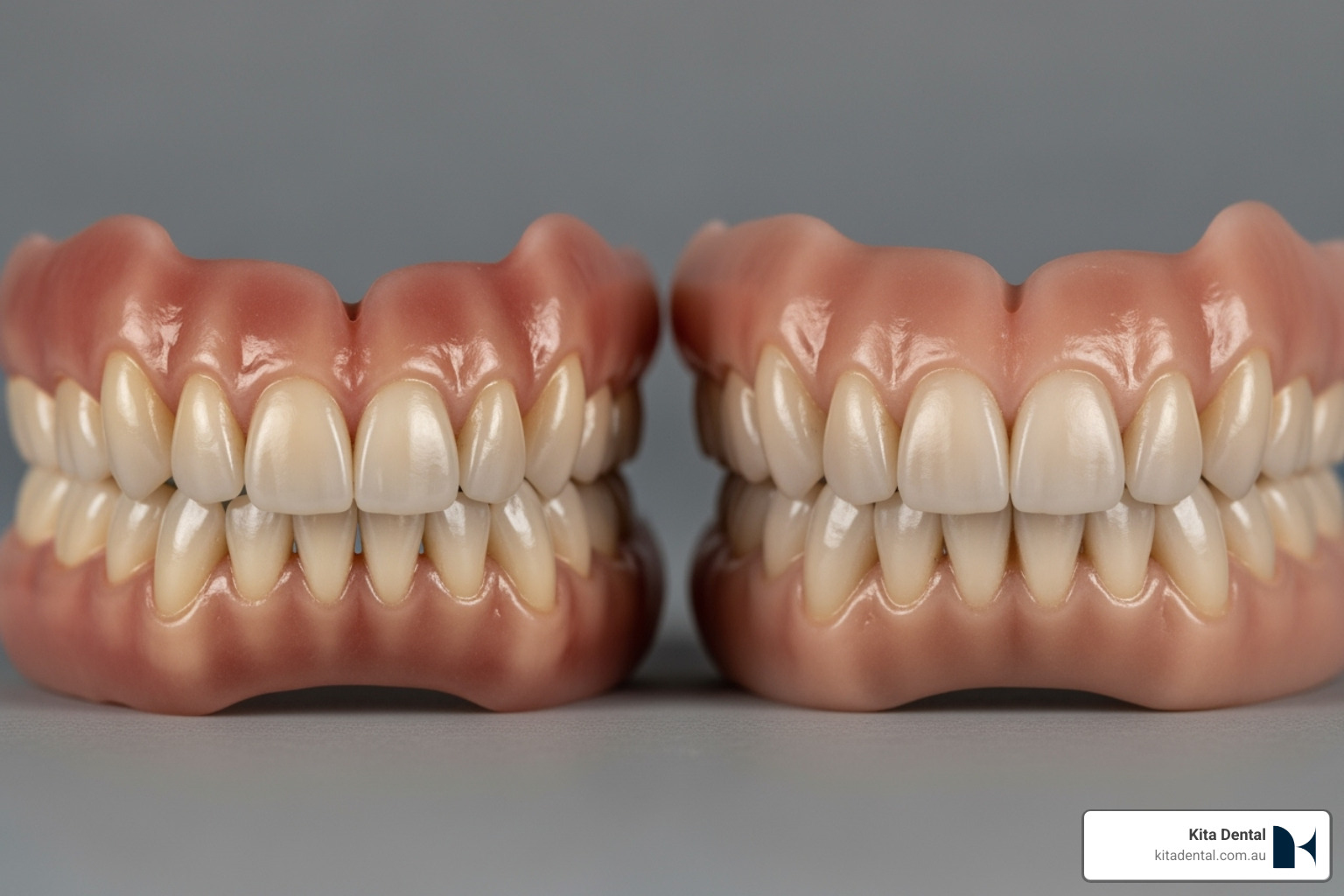 Comparison of Zirconia and Acrylic bridges, highlighting the superior aesthetics and durability of Zirconia with a natural, translucent appearance versus the more opaque and less refined look of Acrylic. - full arch implant bridge Comparison of Zirconia and Acrylic bridges, highlighting the superior aesthetics and durability of Zirconia with a natural, translucent appearance versus the more opaque and less refined look of Acrylic. - full arch implant bridge