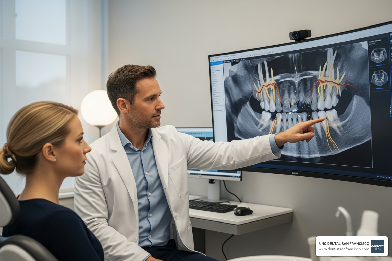 Dentist showing a patient a 3D scan of their teeth on a screen - Patient Centered Dentistry Dentist showing a patient a 3D scan of their teeth on a screen - Patient Centered Dentistry