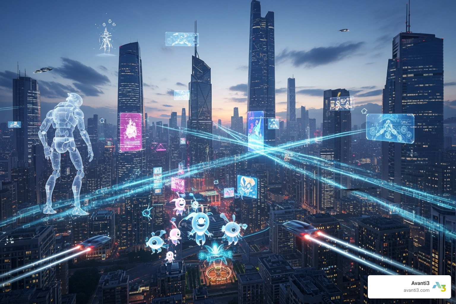 Futuristic city with AR overlays and digital characters, blending with real-world elements - Create AR experiences