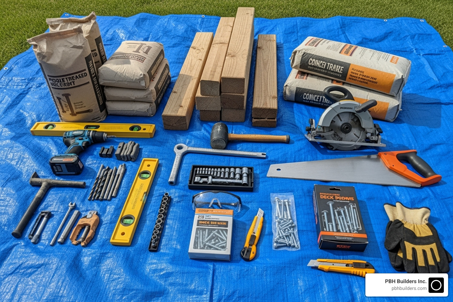 Essential pergola installation tools and supplies neatly laid out on a tarp - Pergola installation guide