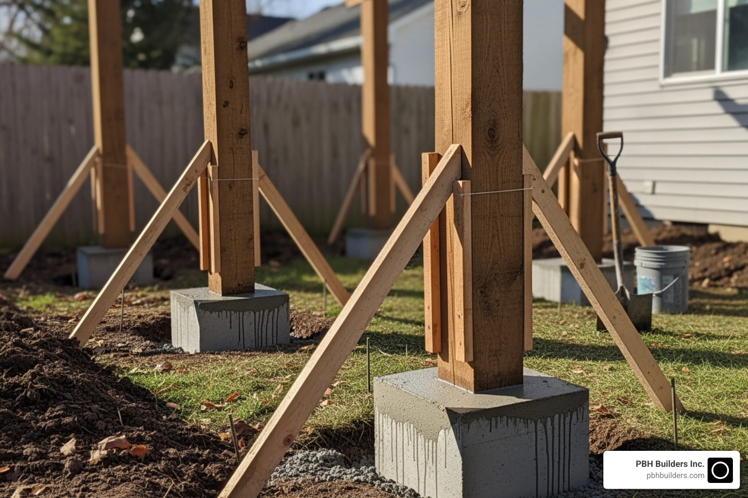 Pergola posts being set in concrete footers and braced for alignment - Pergola installation guide