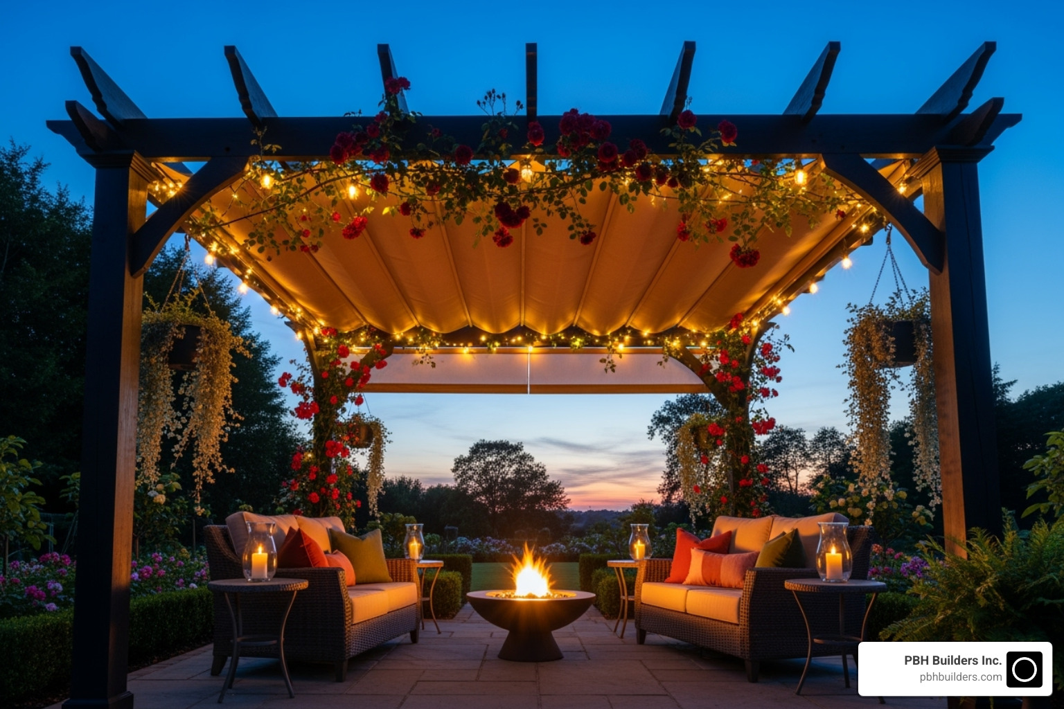 Fully installed and decorated pergola at dusk with string lights turned on - Pergola installation guide