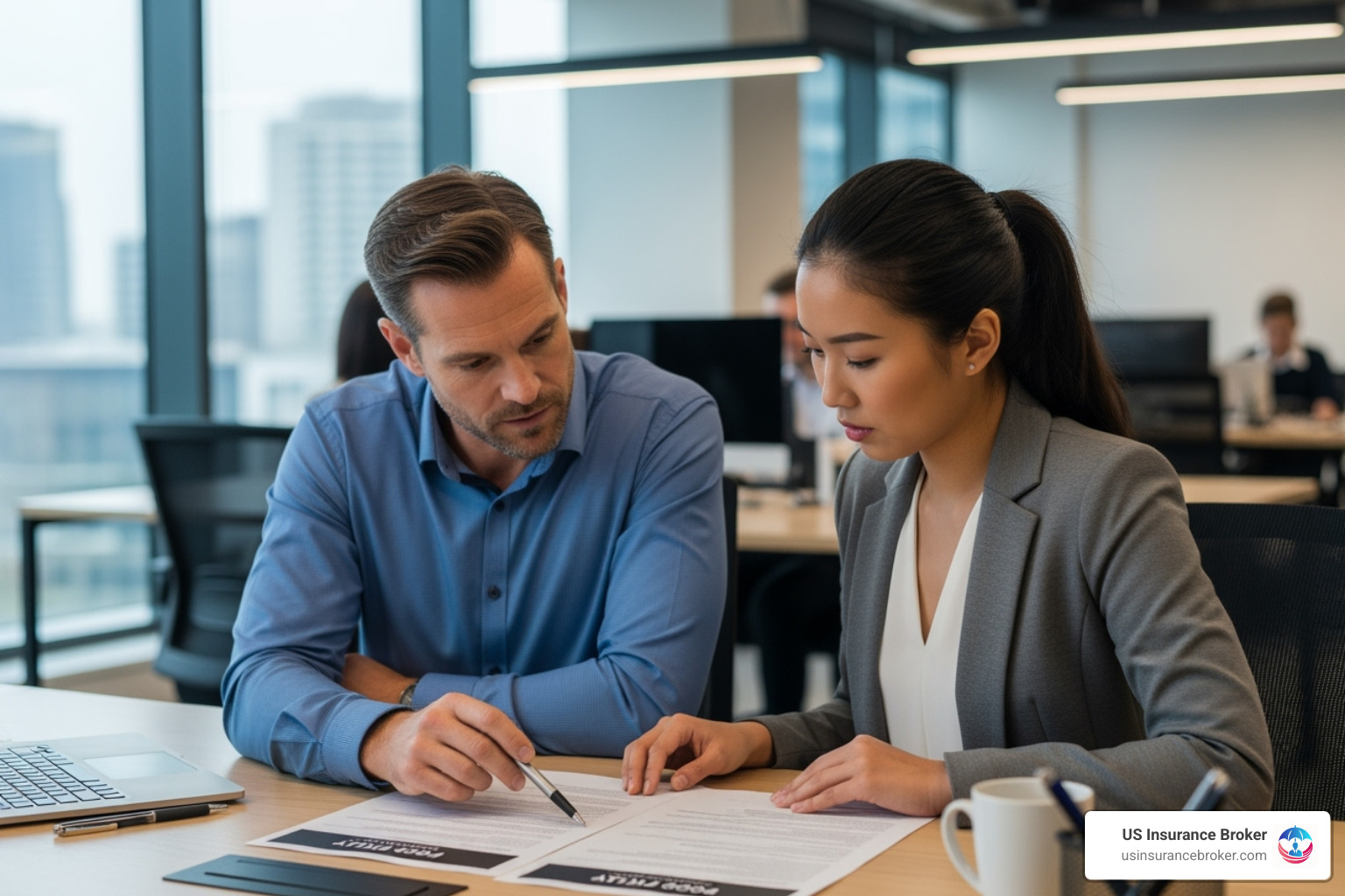 A manager and an employee reviewing a policy document, indicating a discussion about enforcement and consequences of a corporate auto policy - corporate auto policy A manager and an employee reviewing a policy document, indicating a discussion about enforcement and consequences of a corporate auto policy - corporate auto policy