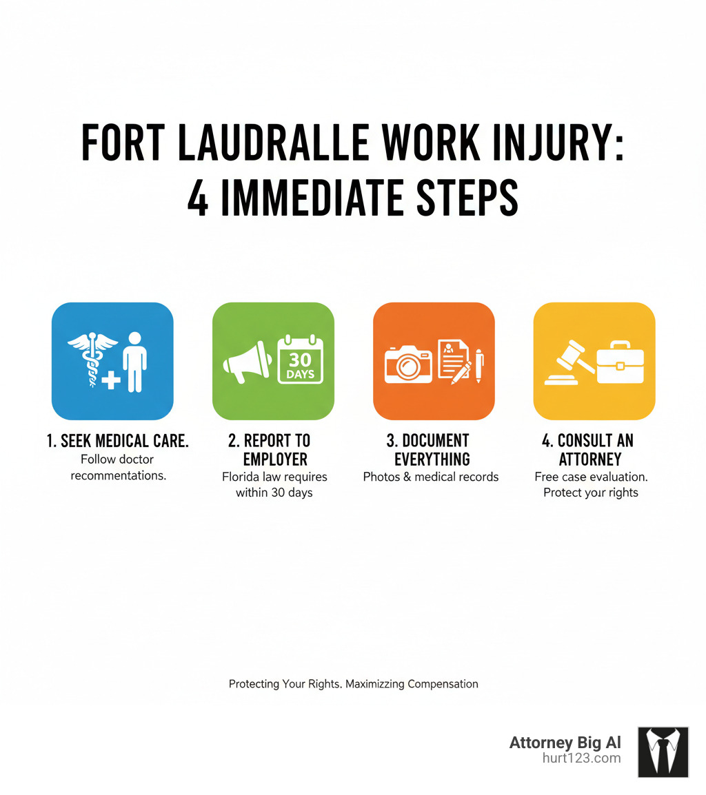 Infographic showing the 4 immediate steps after a Fort Lauderdale work injury: 1. Seek Medical Care immediately and follow all doctor recommendations, 2. Report Injury to Employer within 30 days as required by Florida law, 3. Document Everything including photos of injury site and keeping all medical records, 4. Consult an Attorney for free case evaluation to protect your rights and maximize compensation - work-related injury lawyer fort lauderdale infographic Infographic showing the 4 immediate steps after a Fort Lauderdale work injury: 1. Seek Medical Care immediately and follow all doctor recommendations, 2. Report Injury to Employer within 30 days as required by Florida law, 3. Document Everything including photos of injury site and keeping all medical records, 4. Consult an Attorney for free case evaluation to protect your rights and maximize compensation - work-related injury lawyer fort lauderdale infographic