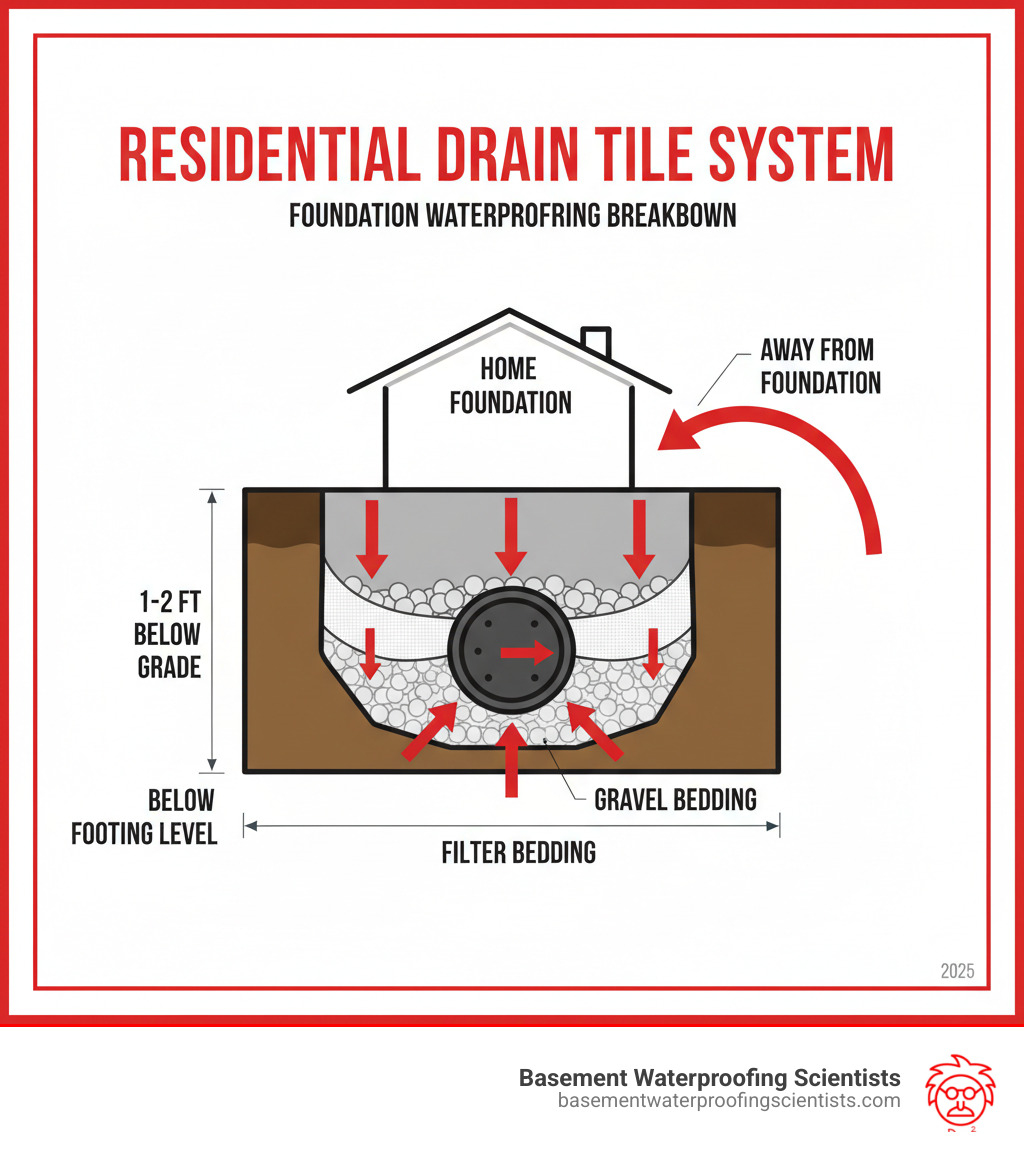 Detailed breakdown showing residential drain tile system components, installation depths, gravel bedding, and water flow direction around a home's foundation perimeter - field tile price per foot infographic  Detailed breakdown showing residential drain tile system components, installation depths, gravel bedding, and water flow direction around a home's foundation perimeter - field tile price per foot infographic