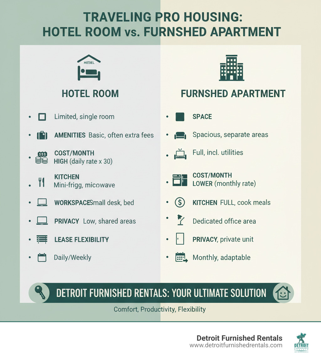 Comprehensive comparison infographic showing hotel rooms vs furnished apartments for traveling professionals, highlighting key differences in space, amenities, cost per month, kitchen facilities, workspace options, privacy levels, and lease flexibility, with Detroit Furnished Rentals solutions prominently featured - Housing for traveling professionals infographic 