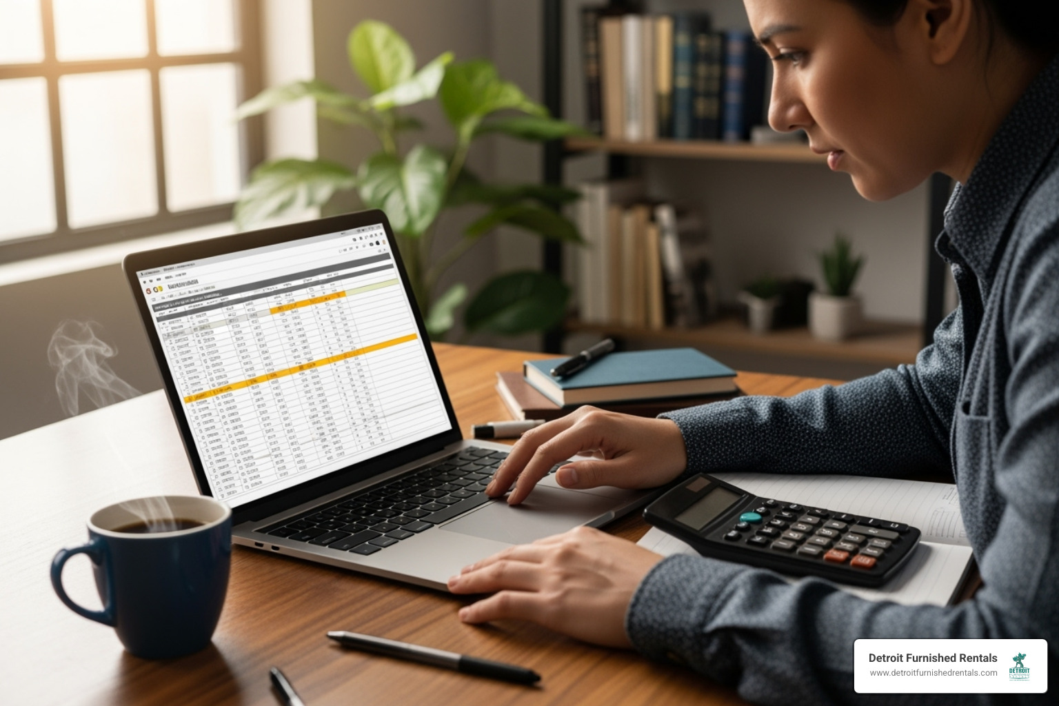 A person sitting at a desk, carefully reviewing a budgeting spreadsheet on a laptop screen, with a calculator and coffee mug nearby - Housing for traveling professionals