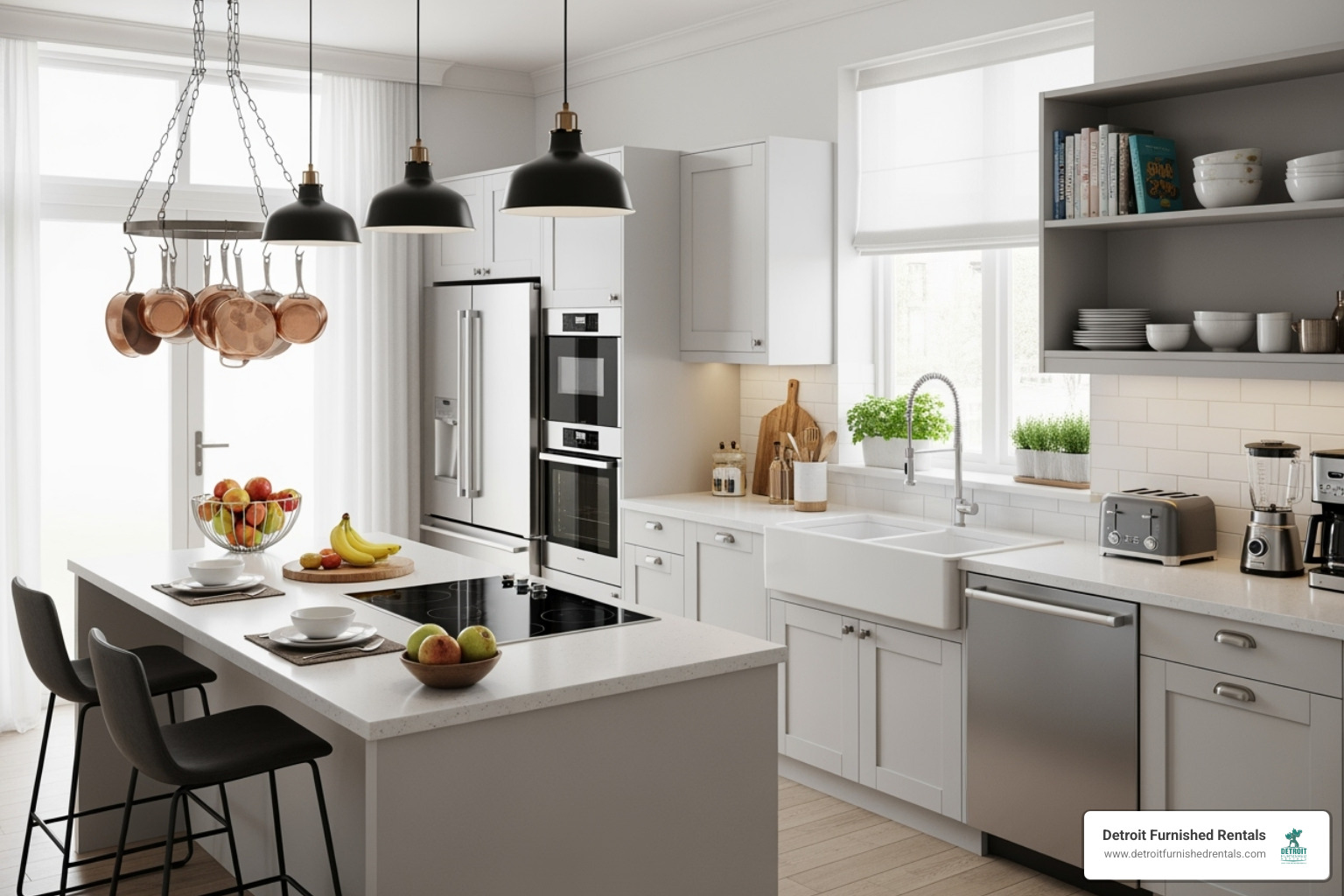 A bright, modern kitchen in a furnished apartment, fully stocked with appliances and cookware, ready for use - Housing for traveling professionals