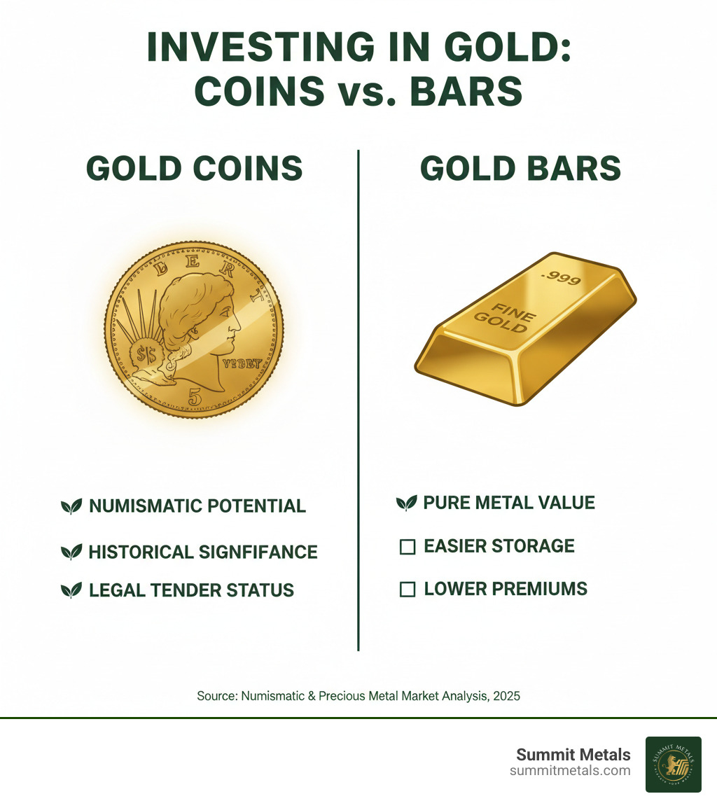 infographic comparing the benefits of Gold Coins vs. Gold Bars - $5 gold liberty head infographic 