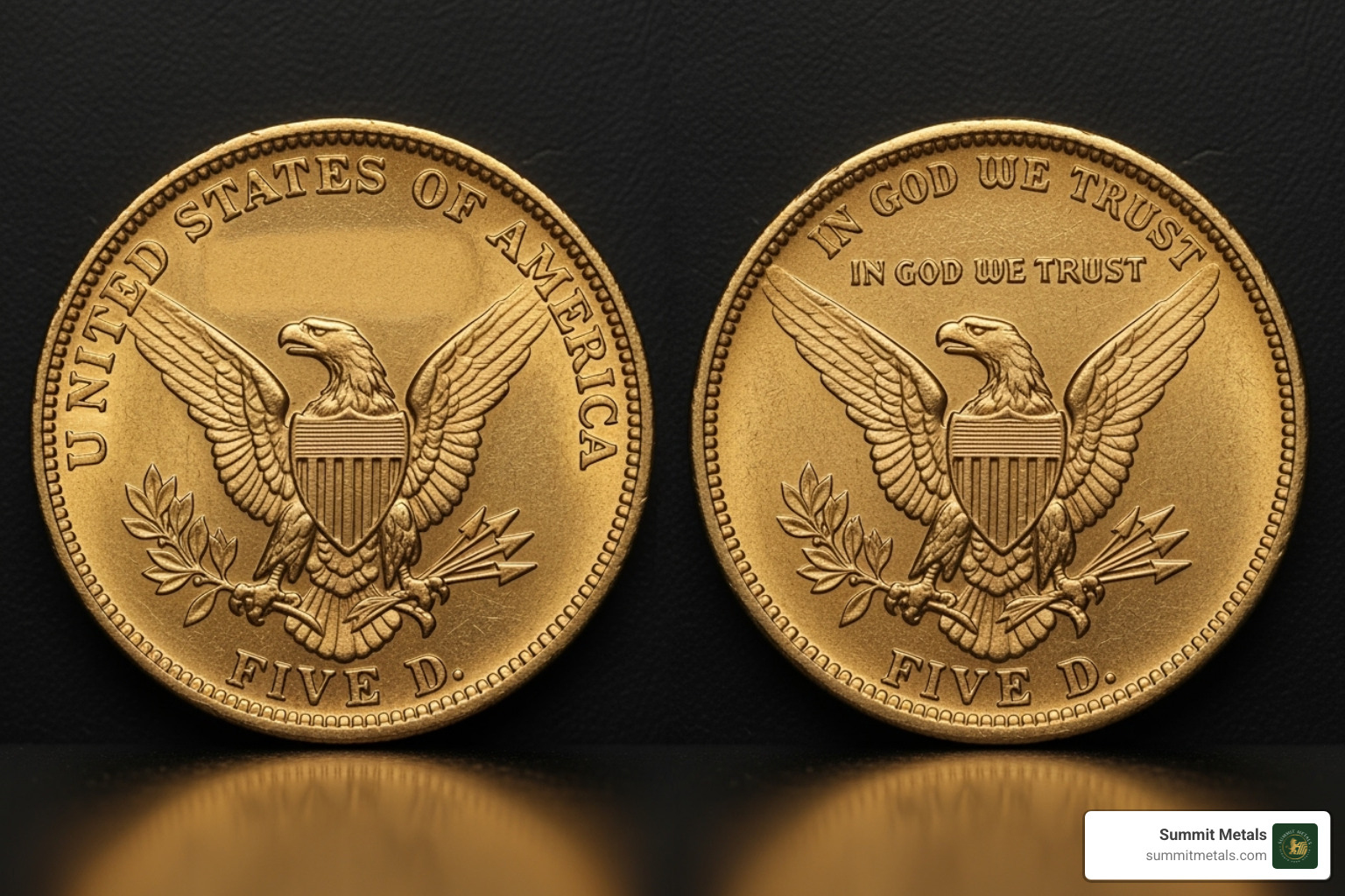 side-by-side comparison of the 'No Motto' and 'With Motto' reverse designs - $5 gold liberty head